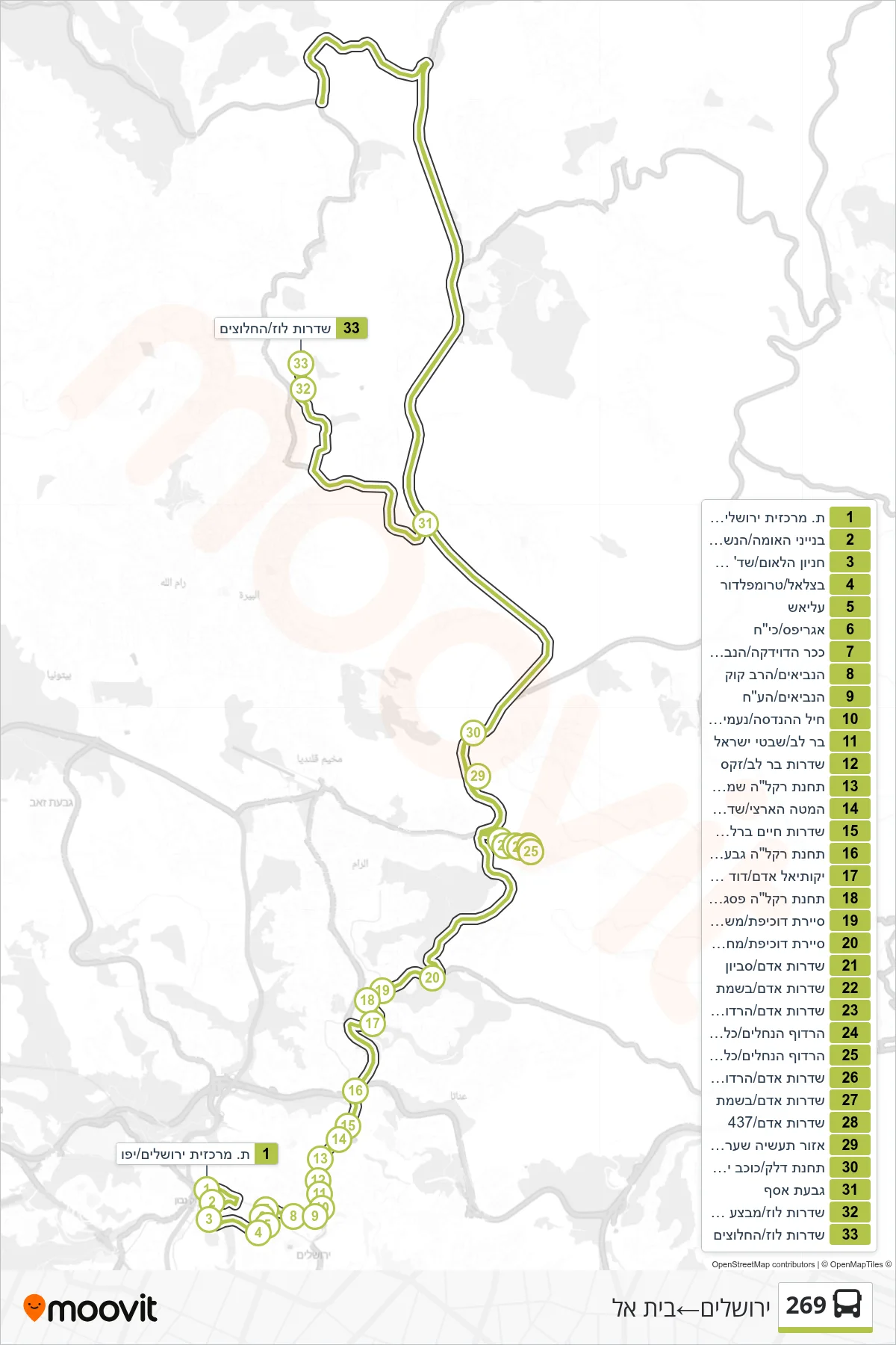 269  Line (Jerusalem‎→Beit El) route and stops on a map