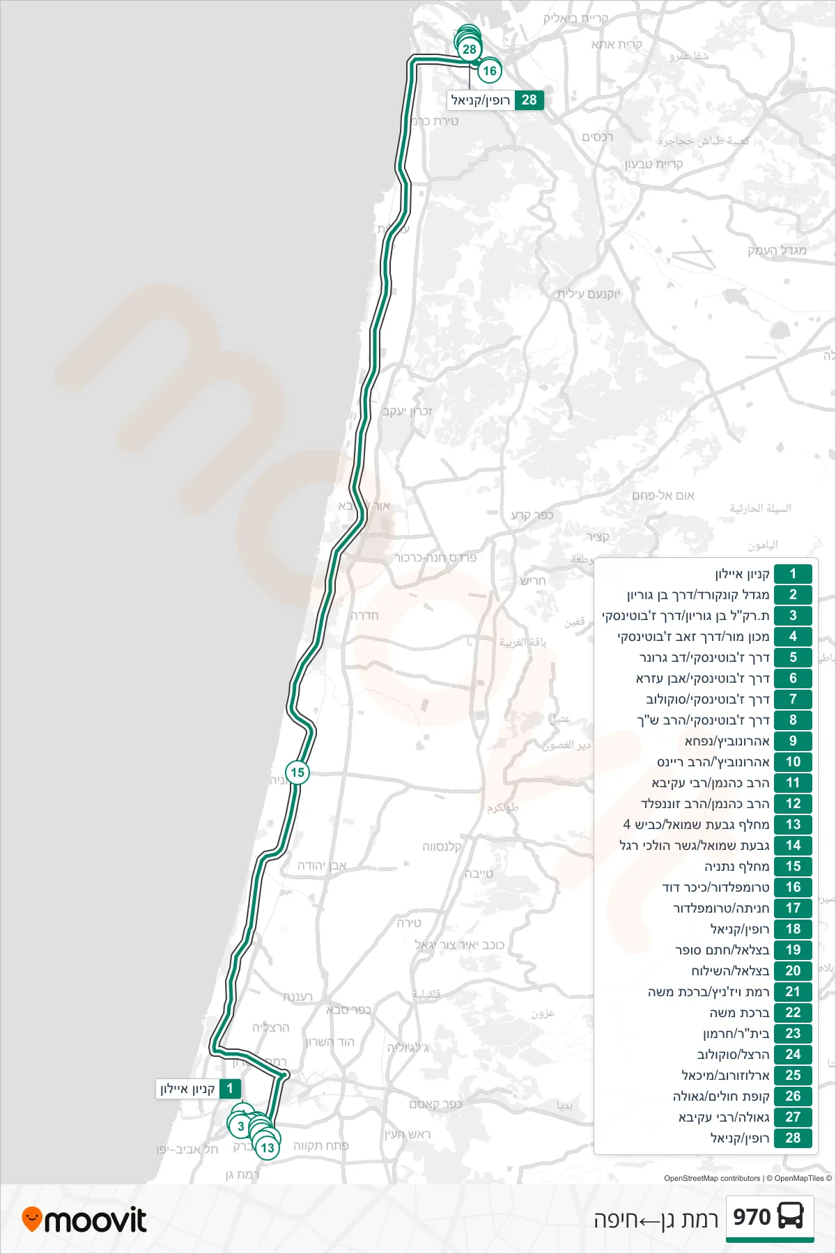 970 bus Line (Ramat Gan‎→Haifa) route and stops on a map