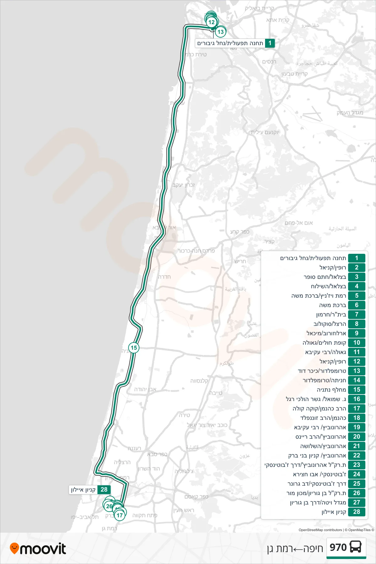 970  Line (Haifa‎→Ramat Gan) route and stops on a map