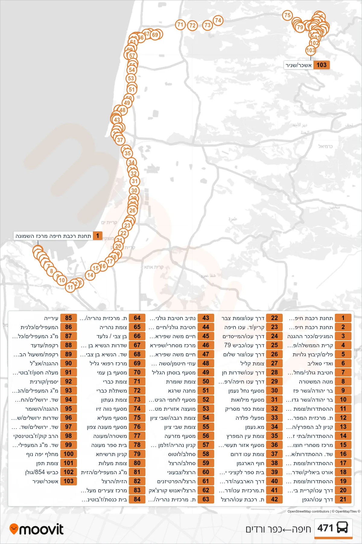 471 bus Line (Haifa‎→Kfar Vradim) route and stops on a map