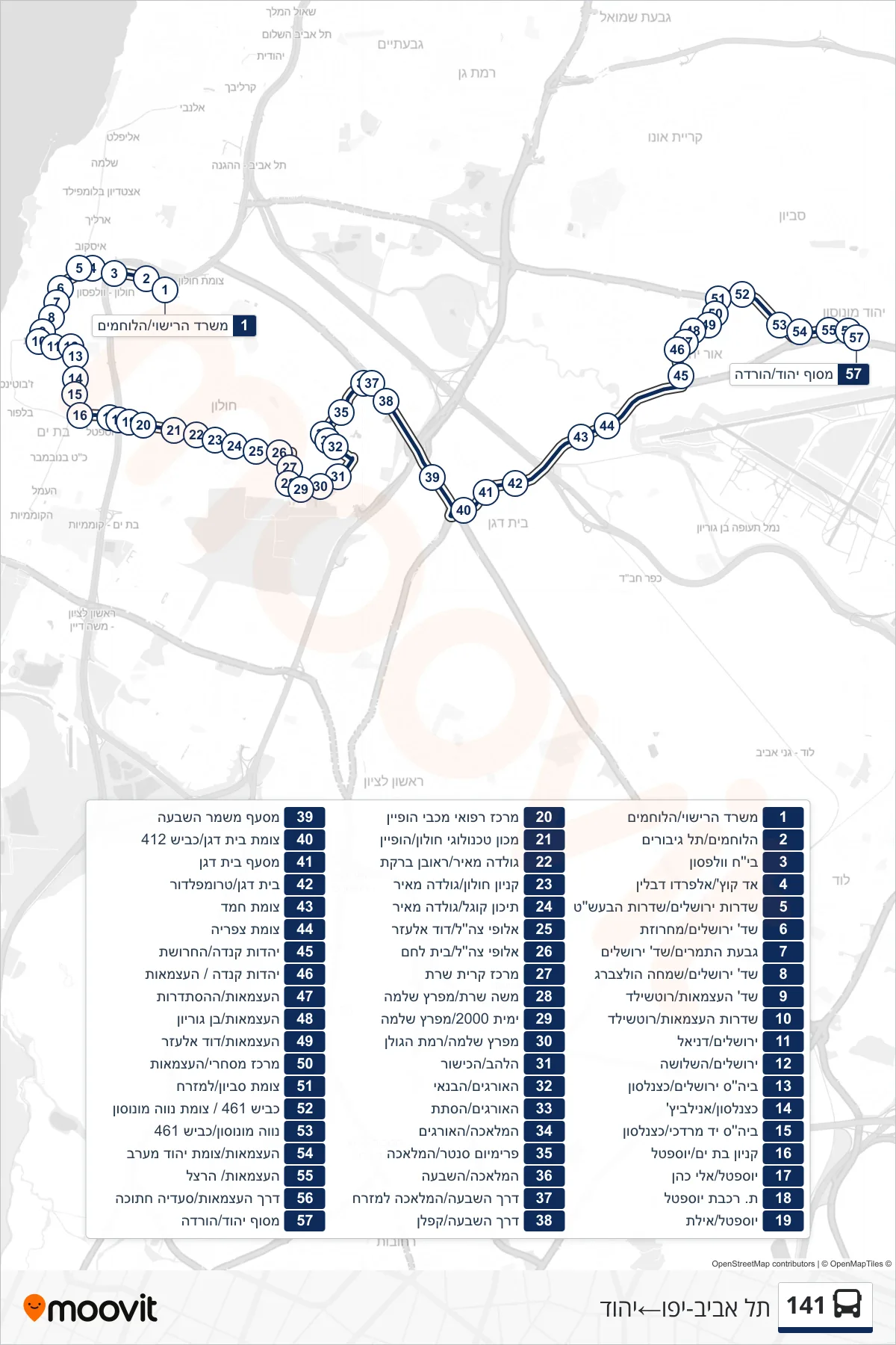 141 bus Line (Tel Aviv-Yafo‎→Yehud) route and stops on a map