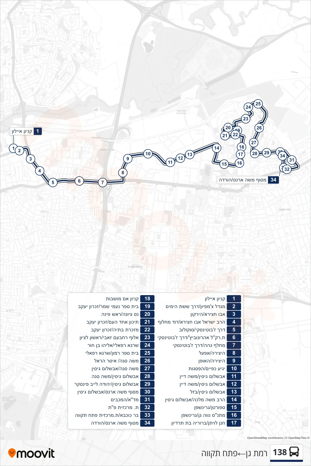 138 bus Line (Ramat Gan‎→Petah Tikva) route and stops on a map