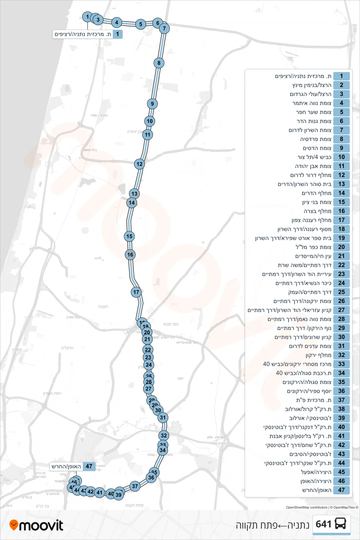 641 bus Line (Netanya‎→Petah Tikva) route and stops on a map