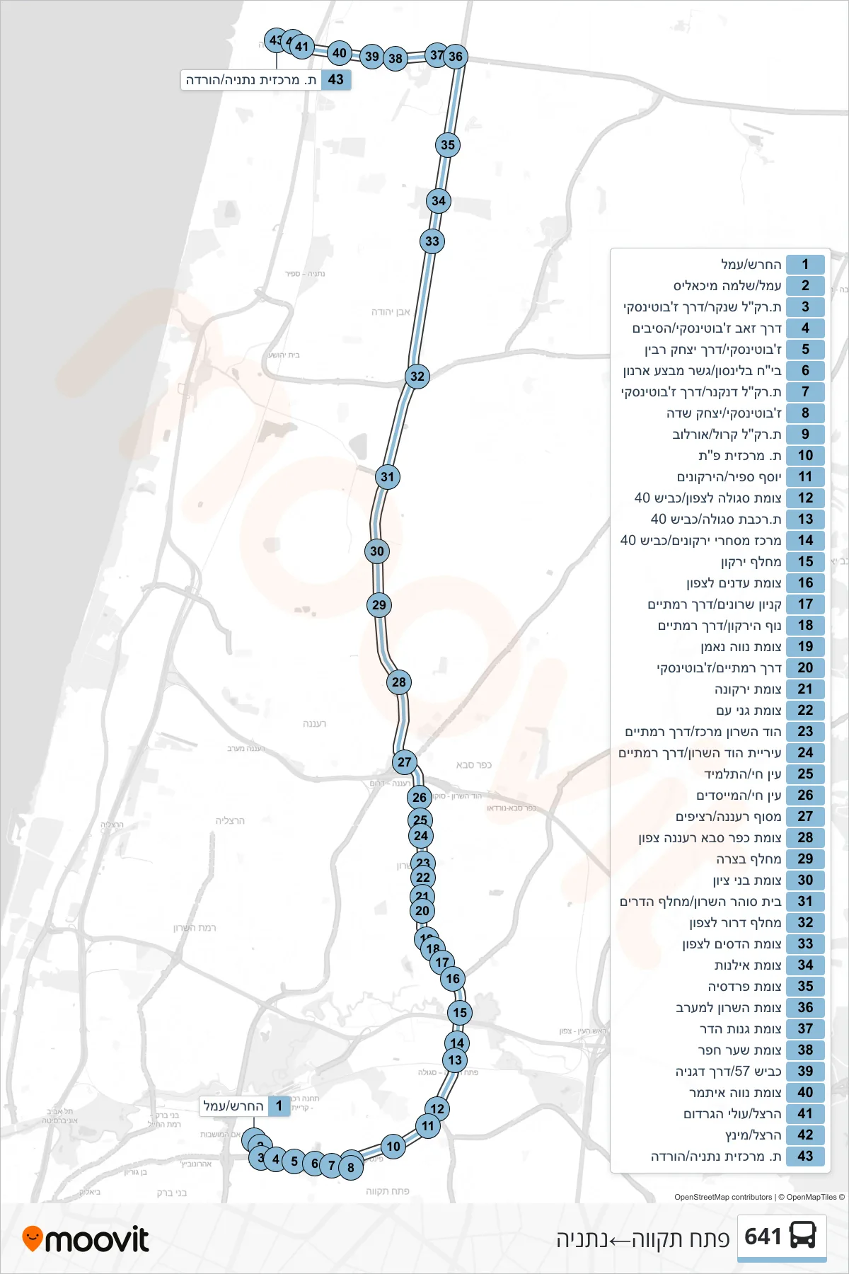 641 bus Line (Petah Tikva‎→Netanya) route and stops on a map