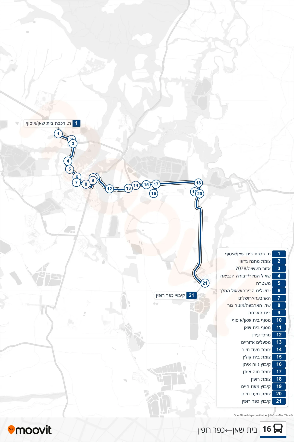 16 bus Line (Beit She'an→Kfar Rupin) route and stops on a map