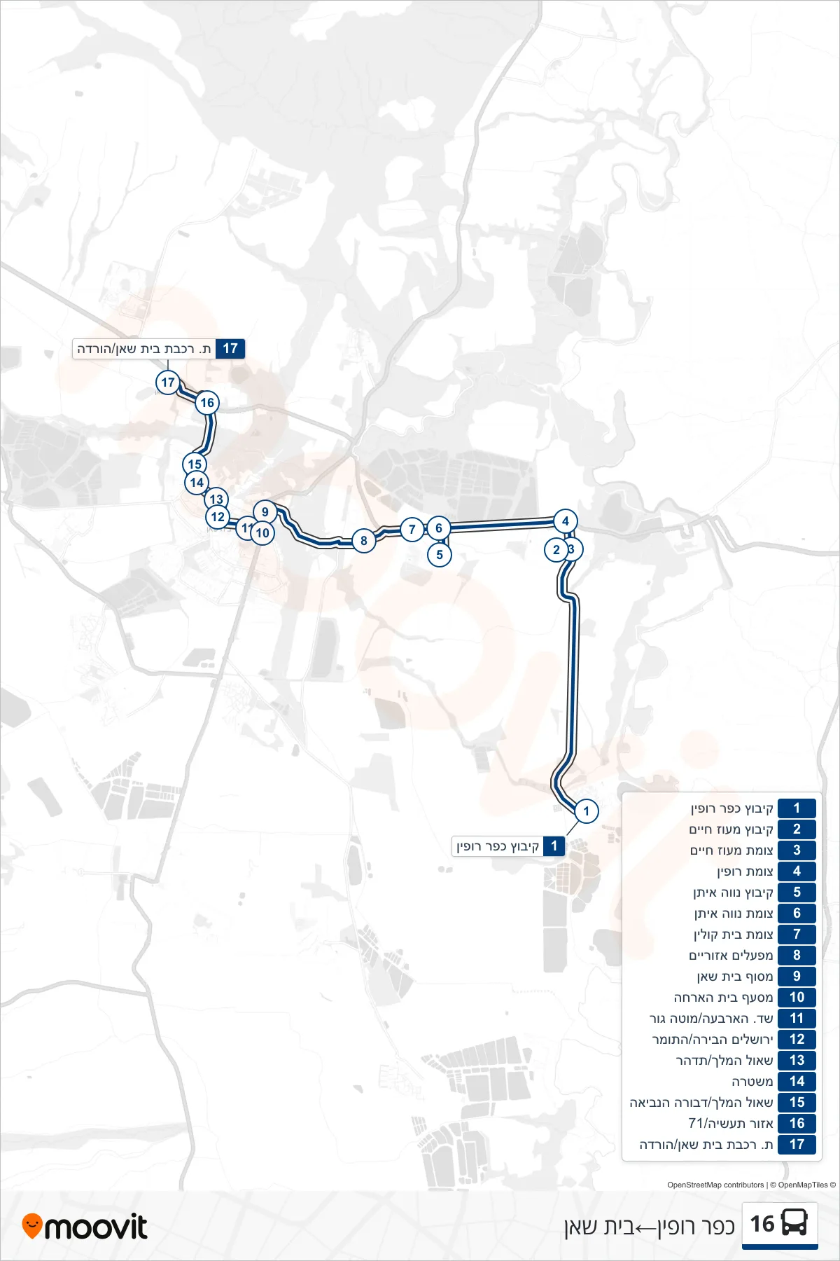16 bus Line (Kfar Rupin→Beit She'an) route and stops on a map