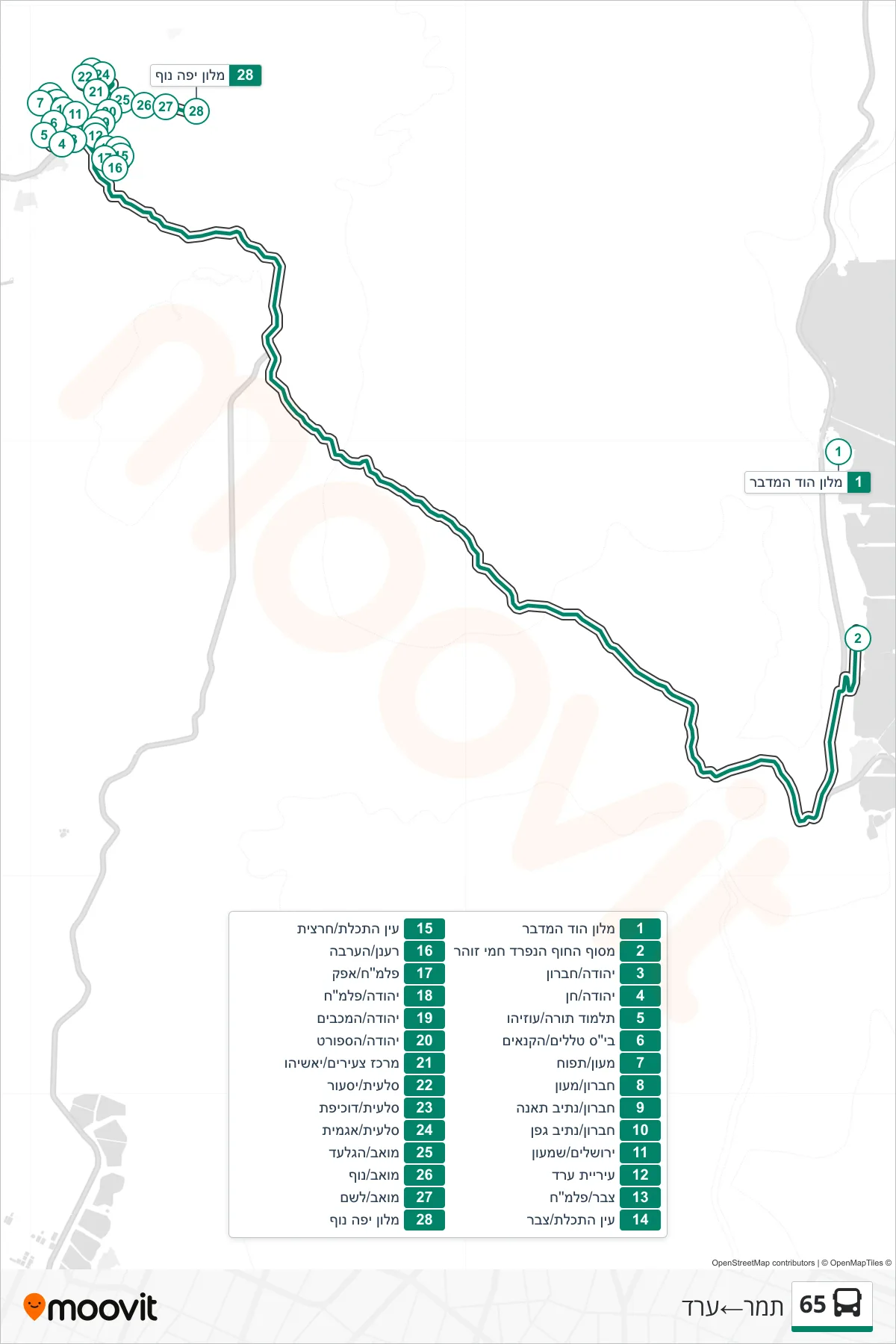65  Line (Tamar‎→Arad) route and stops on a map