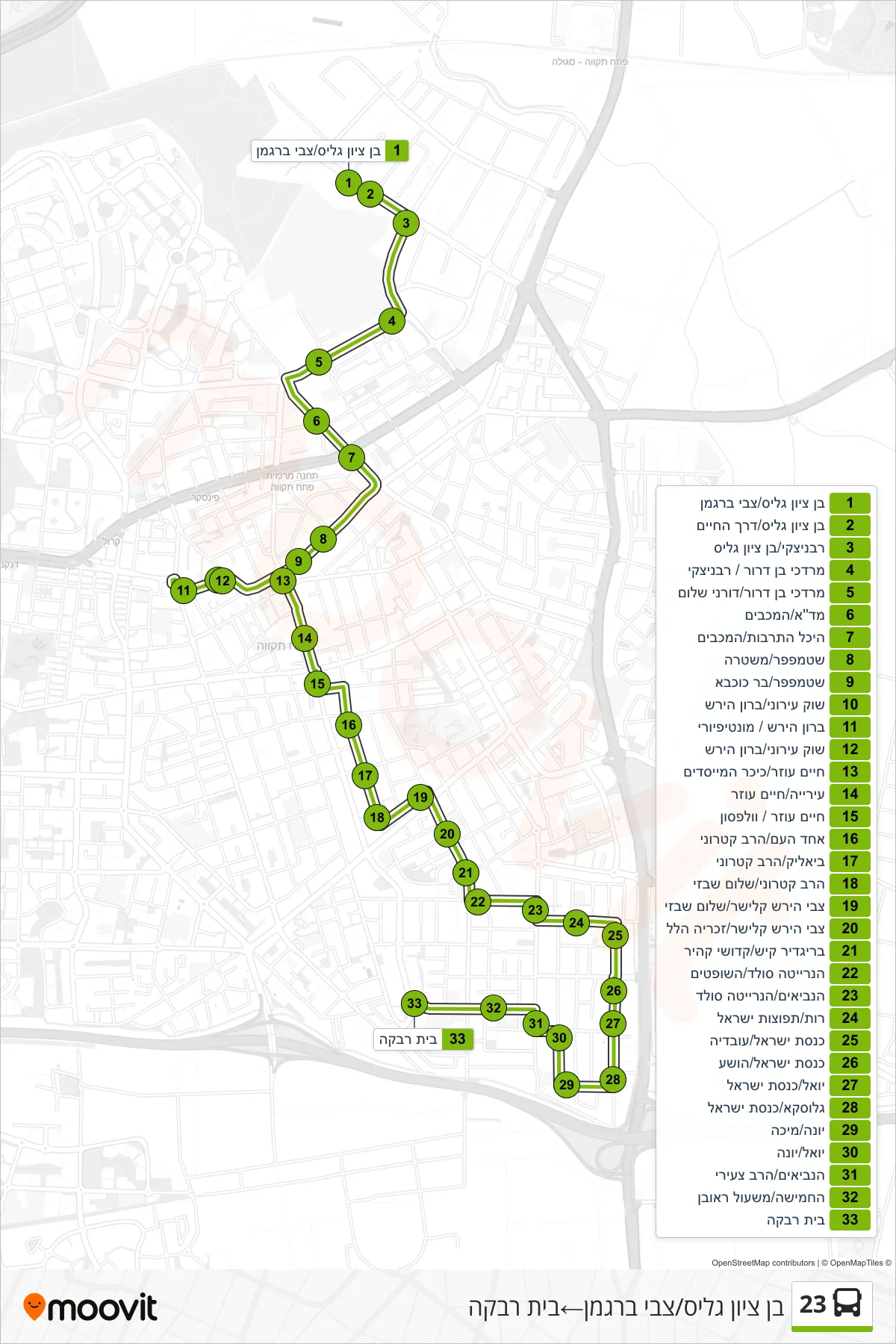 23 bus Line (Ben Zion Glis/Tzvi Bergman‎→Beit Rivka) route and stops on a map