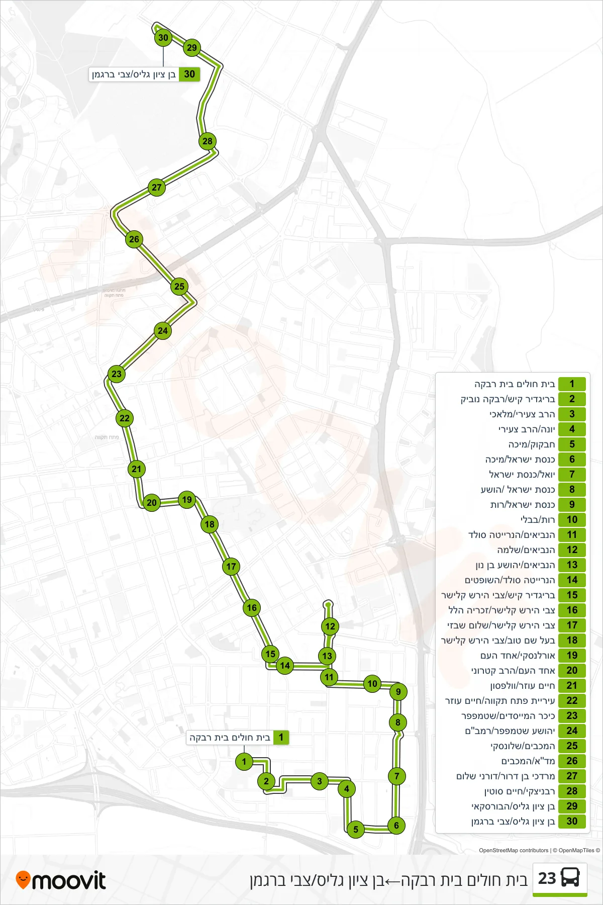 23 bus Line (Beit Rivka Hospital‎→Ben Zion Glis/Tzvi Bergman) route and stops on a map