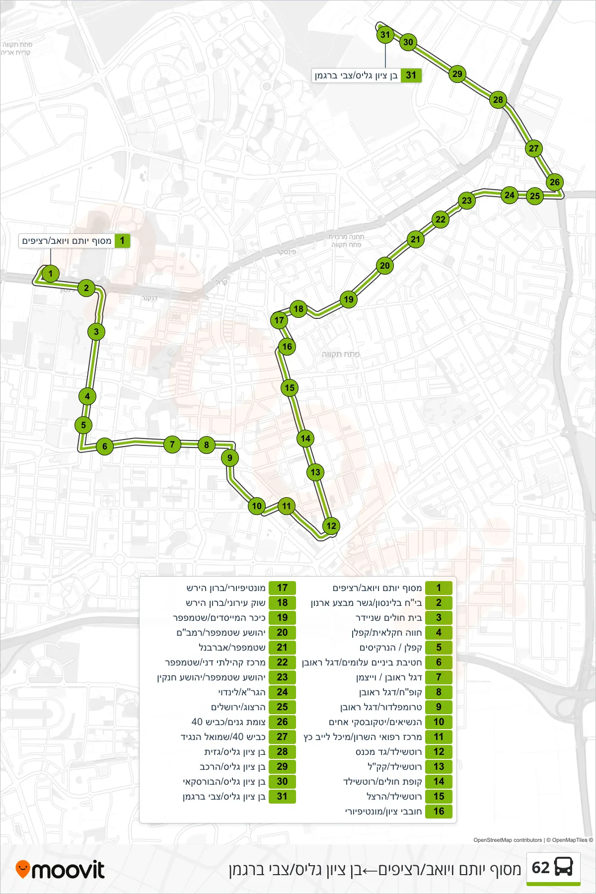 62 bus Line (Yotam and Yoav Terminal/Platforms→Ben Zion Glis/Tzvi Bergman) route and stops on a map