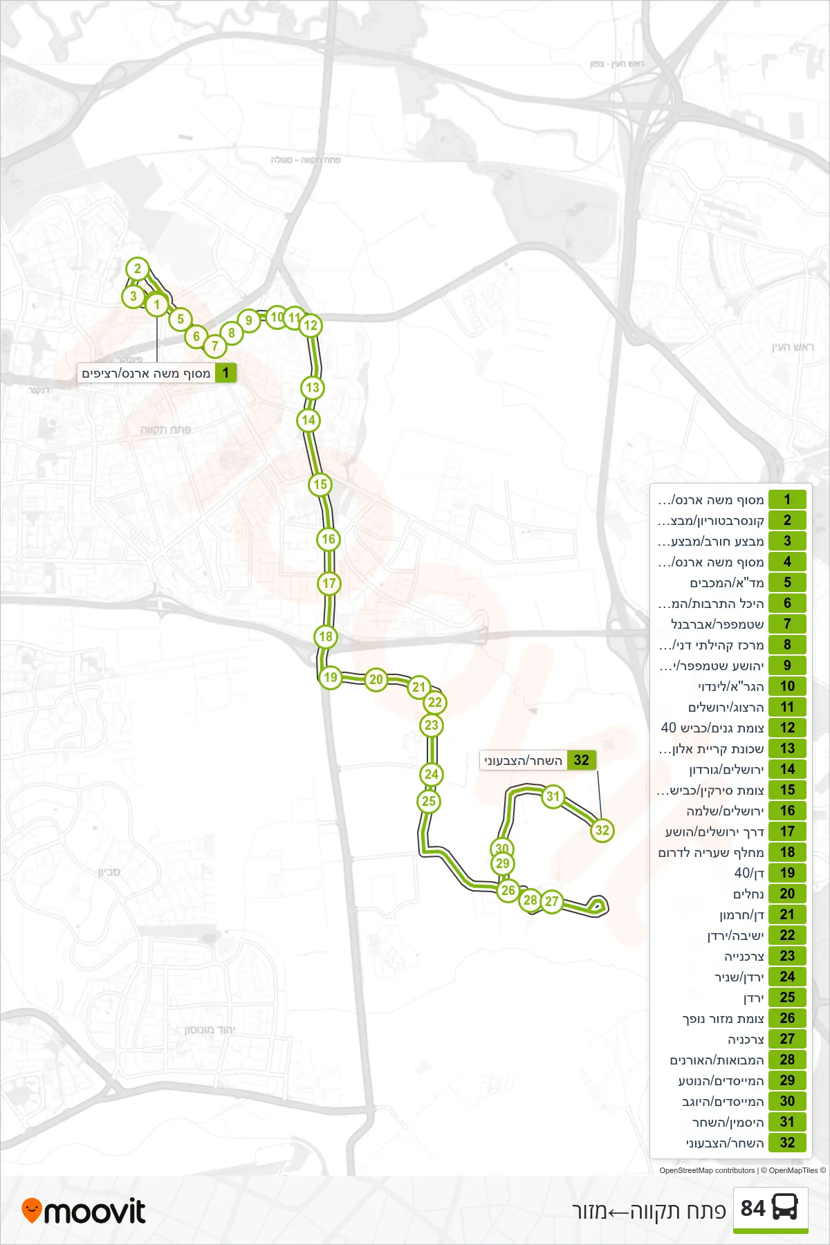84  Line (Petah Tikva‎→Mazor) route and stops on a map