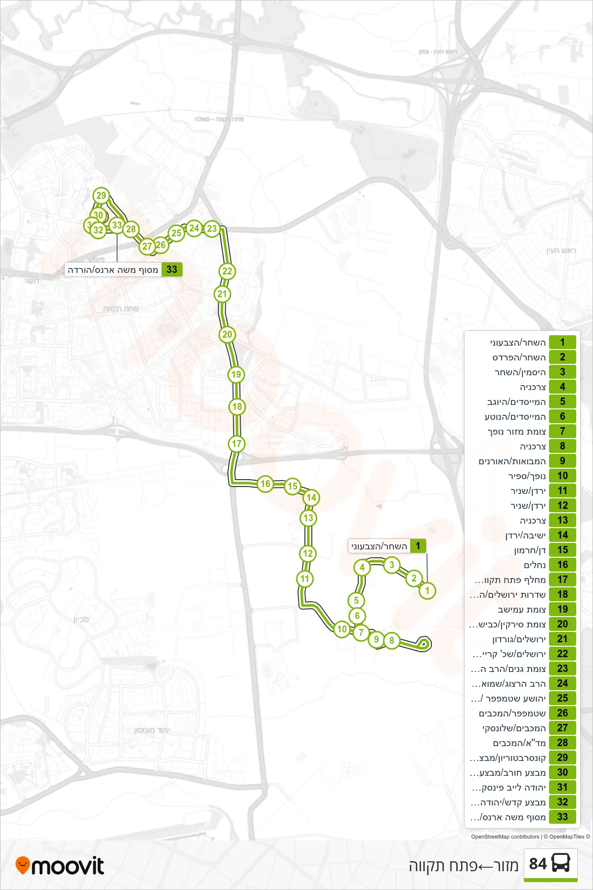 84 bus Line (Mazor‎→Petah Tikva) route and stops on a map