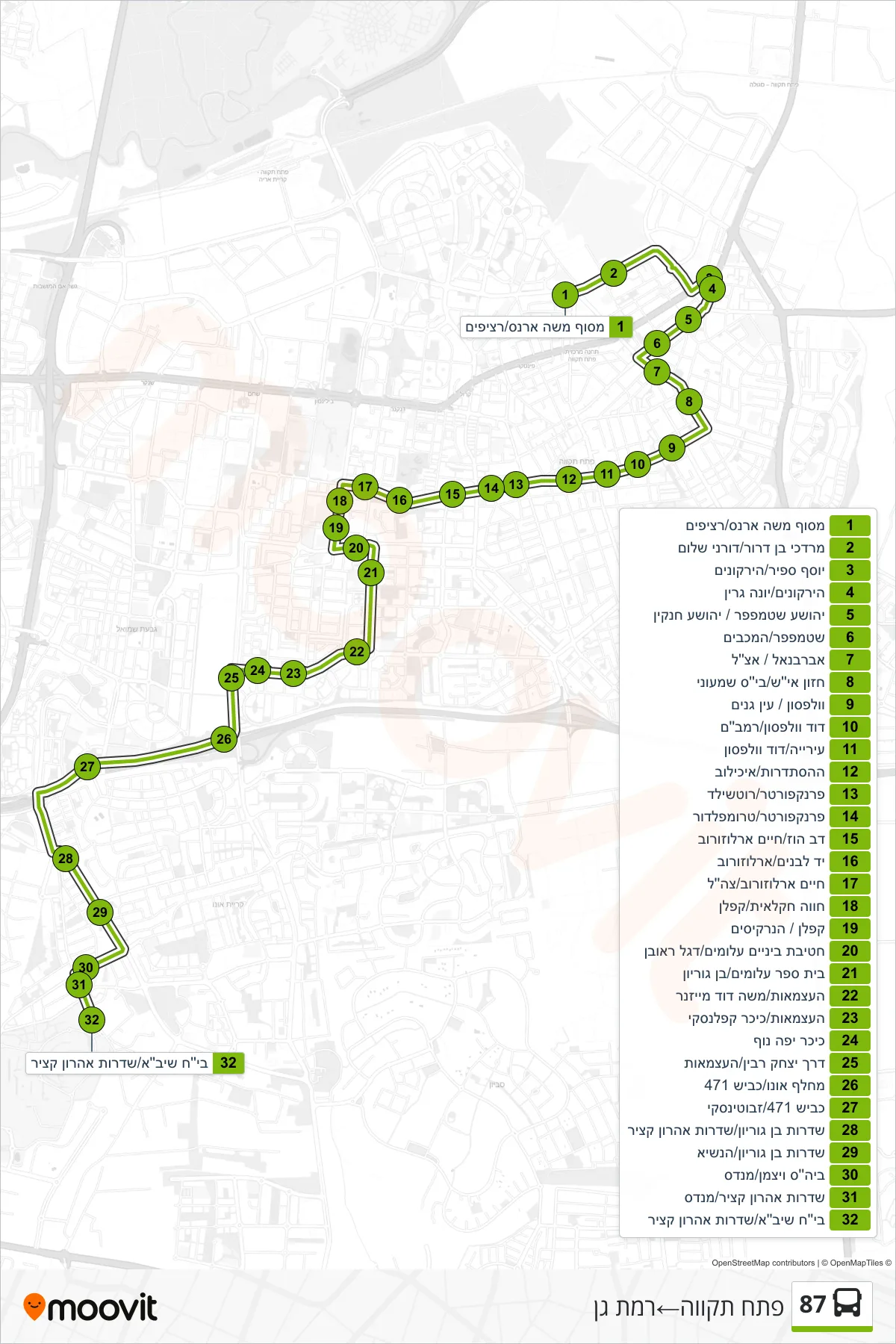 87 bus Line (Petah Tikva‎→Ramat Gan) route and stops on a map