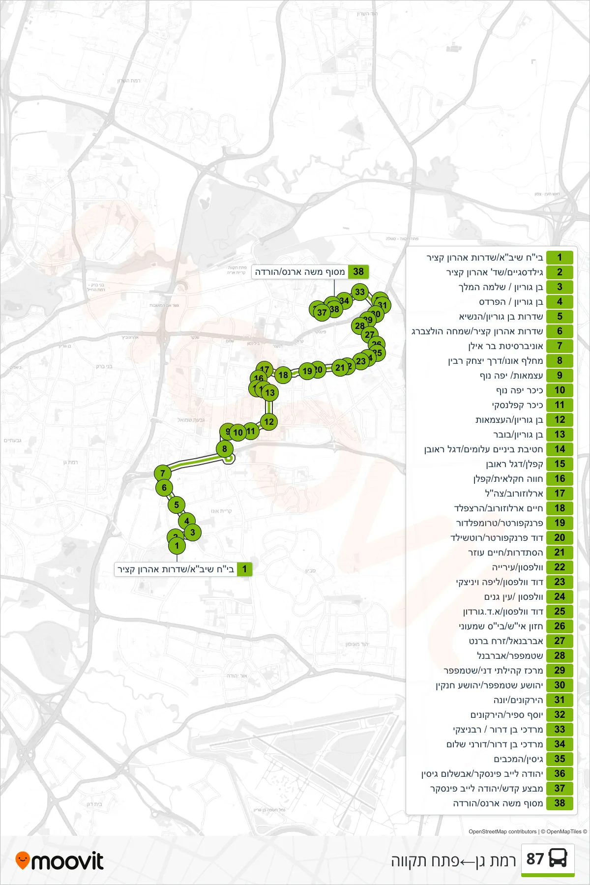 87  Line (Ramat Gan‎→Petah Tikva) route and stops on a map