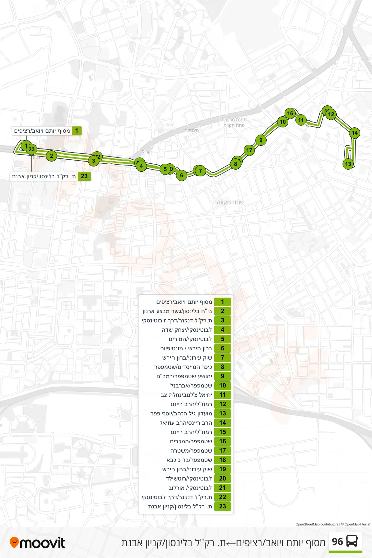 96 bus Line (Yotam and Yoav Terminal/Platforms‎→Beilinson Light Rail Station/Avnet Mall) route and stops on a map