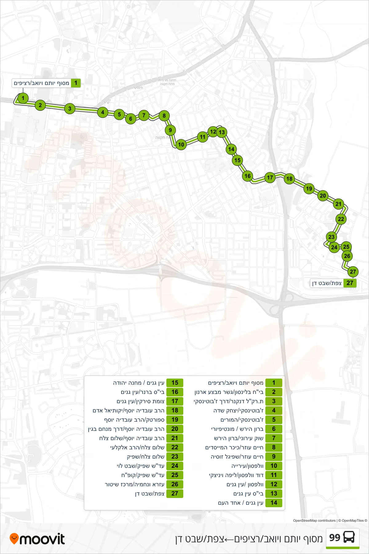 99 bus Line (Yotam and Yoav Terminal/Platforms‎→Tzfat/Shevet Dan) route and stops on a map