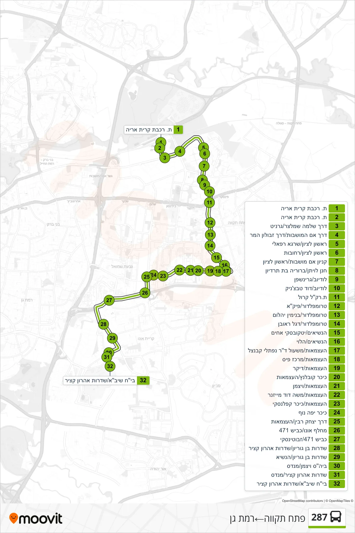 287 bus Line (Petah Tikva→Ramat Gan) route and stops on a map