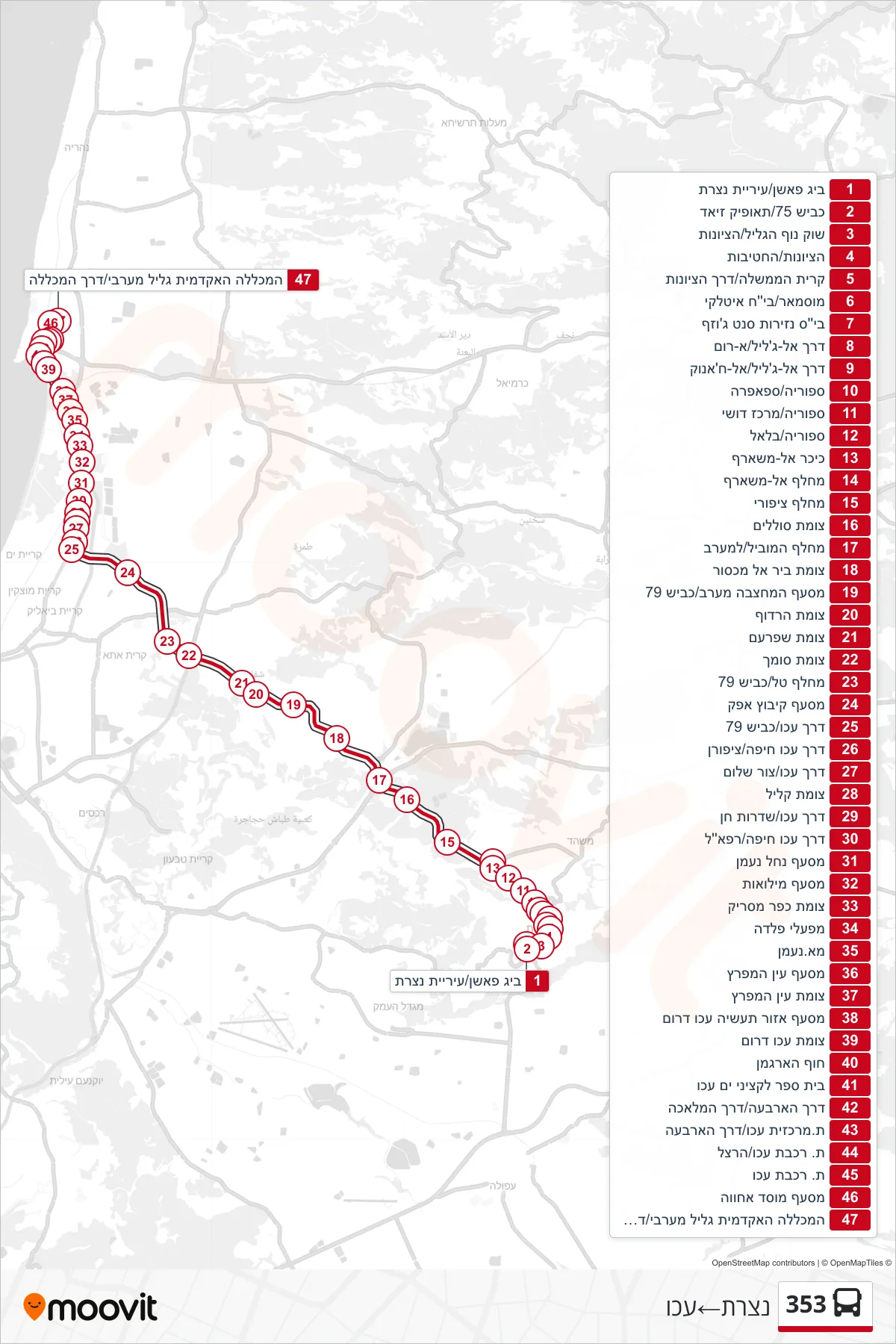 353 bus Line (Nazareth‎→Acre) route and stops on a map