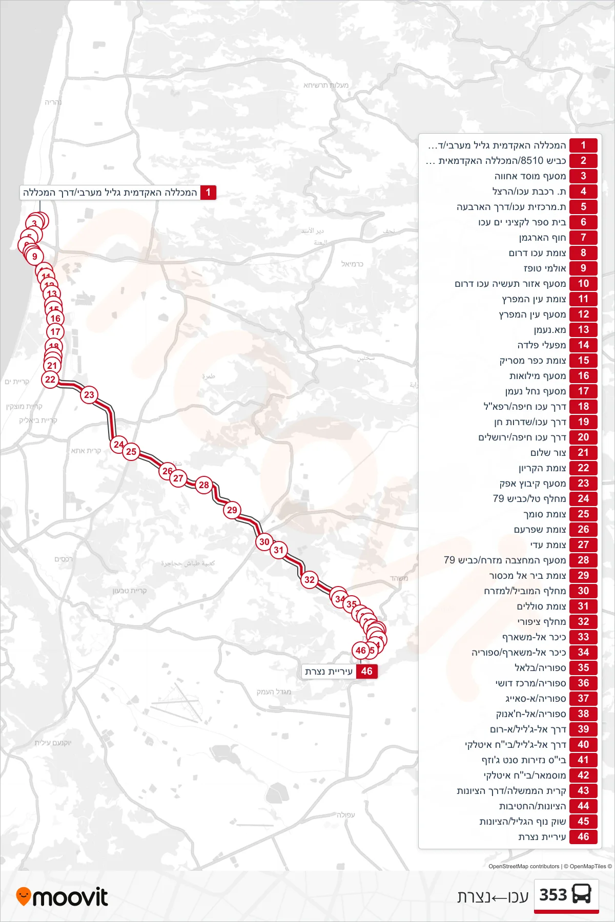 353 bus Line (Acre‎→Nazareth) route and stops on a map