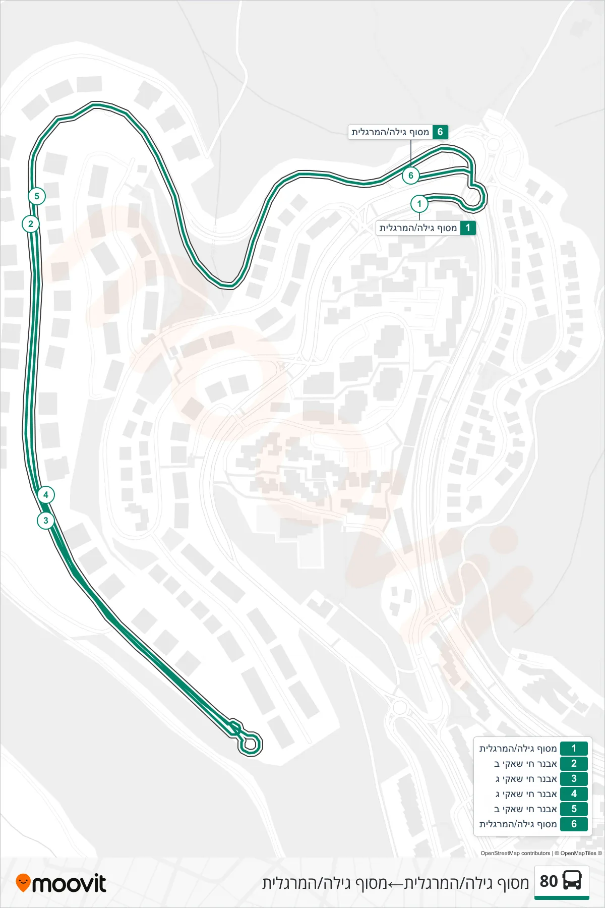 80 bus Line (Gilo Terminal/HaMargalit‎→Gilo Terminal/HaMargalit) route and stops on a map