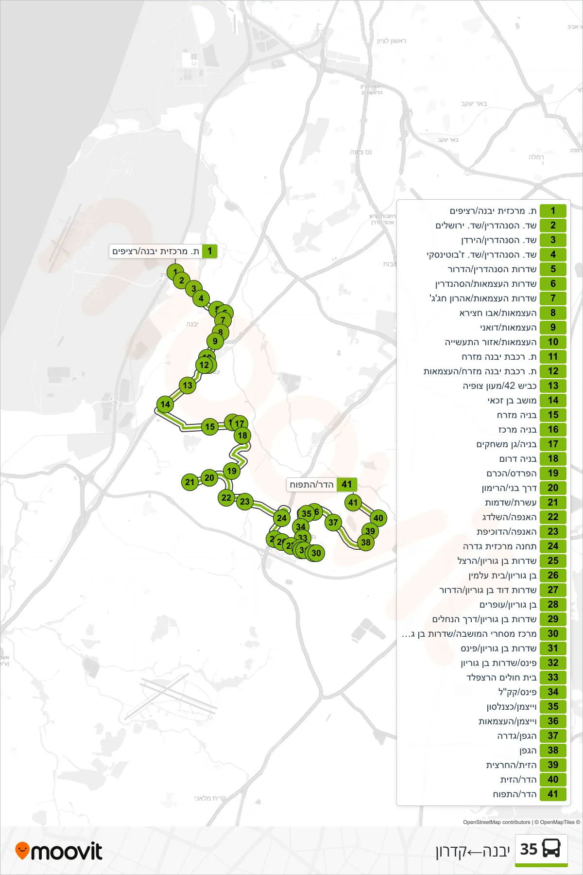 35 bus Line (Yavne‎→Kidron) route and stops on a map