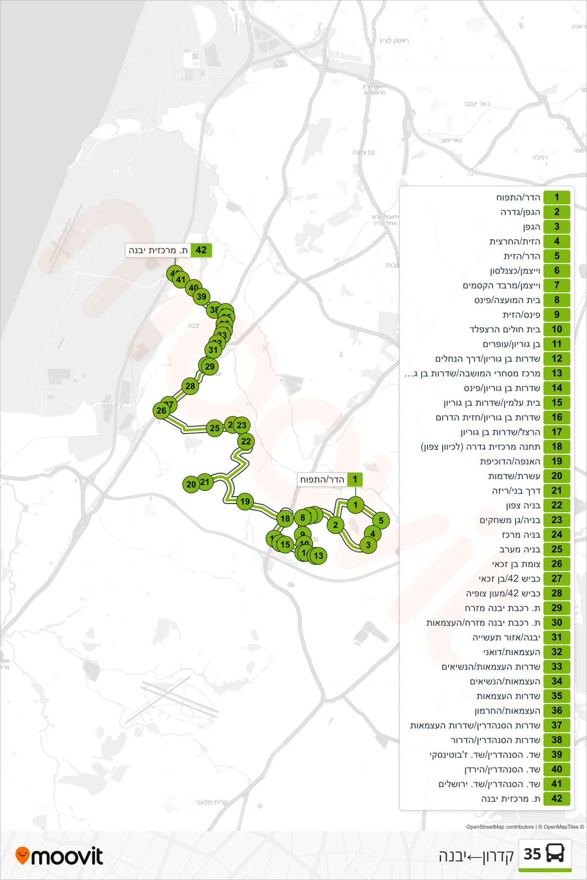 35 bus Line (Kidron‎→Yavne) route and stops on a map