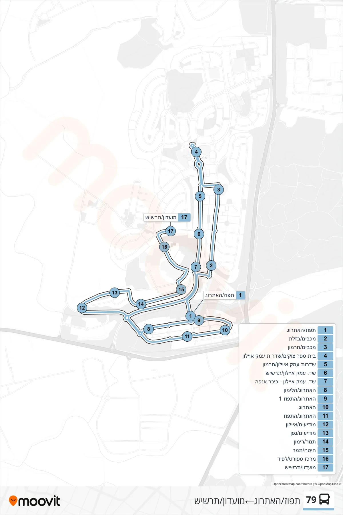 79 bus Line (Tapuz/HaEtrog‎→Club/Tarshish) route and stops on a map