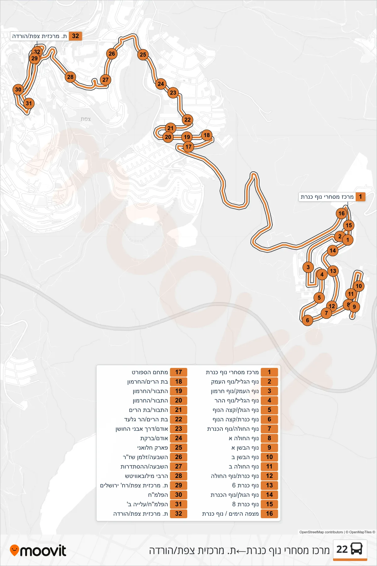 22  Line (מרכז מסחרי נוף כנרת‎→Safed Central Station/Drop Off) route and stops on a map