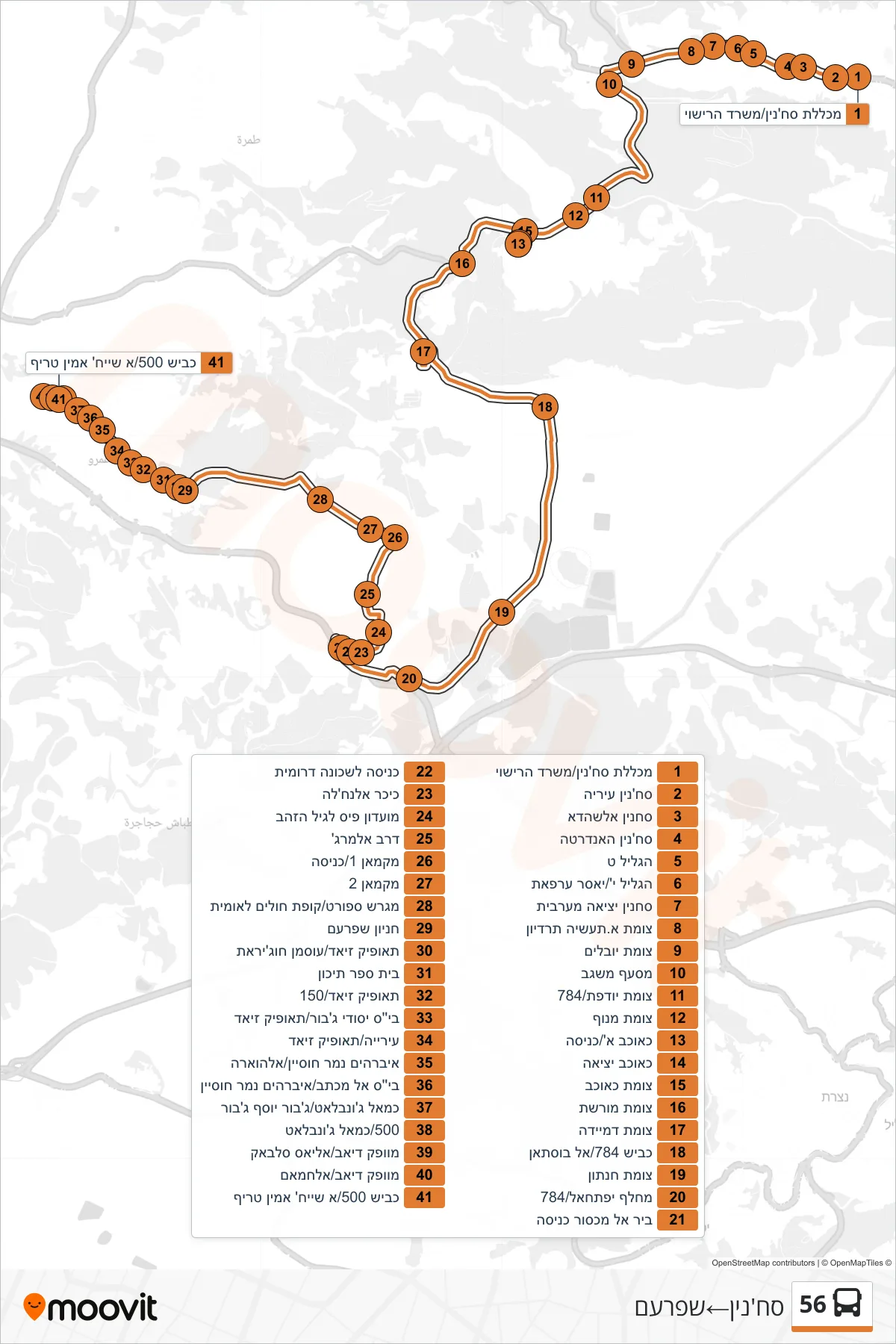 56 bus Line (Sakhnin→Shfar'am) route and stops on a map