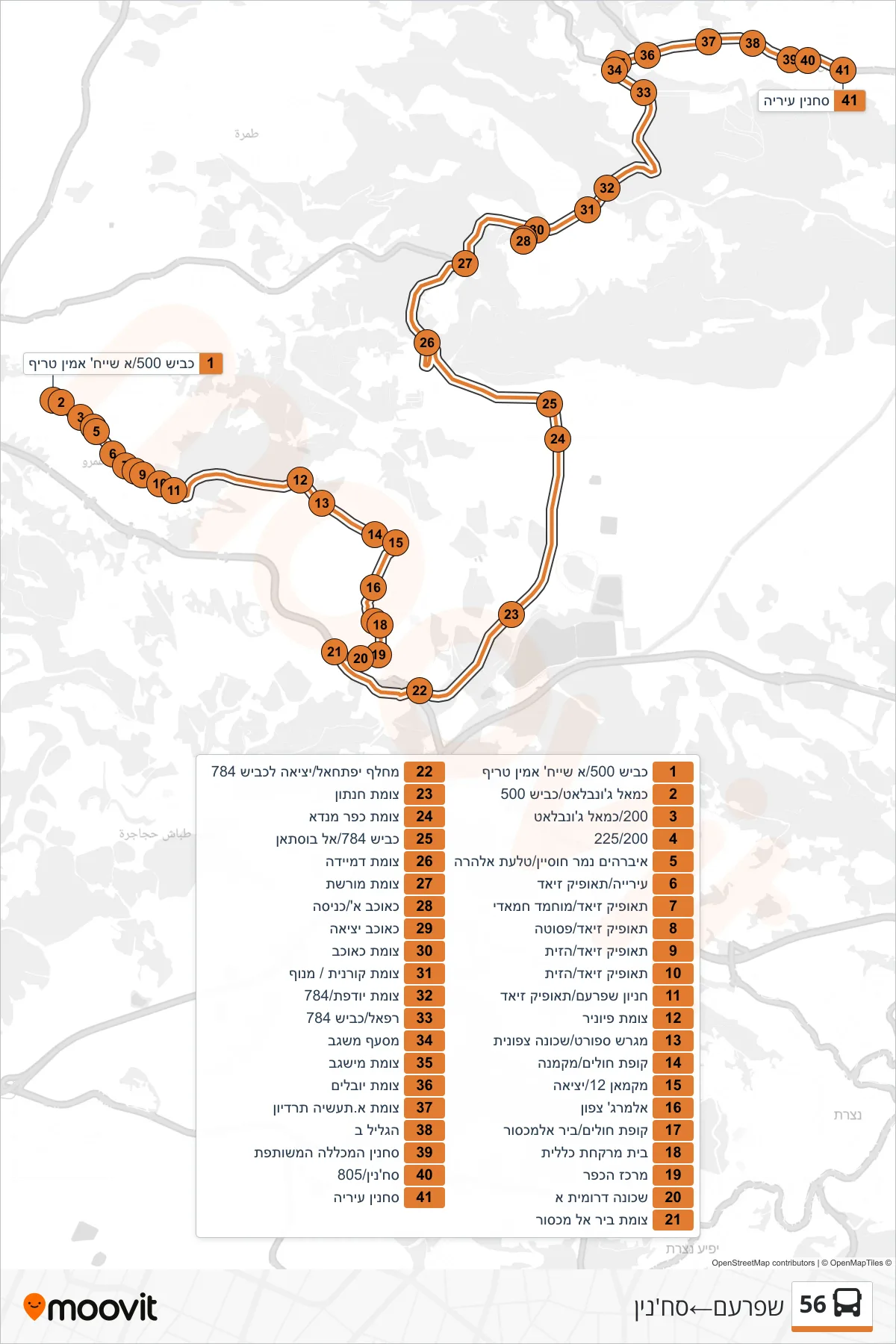 56 bus Line (Shfar'am→Sakhnin) route and stops on a map