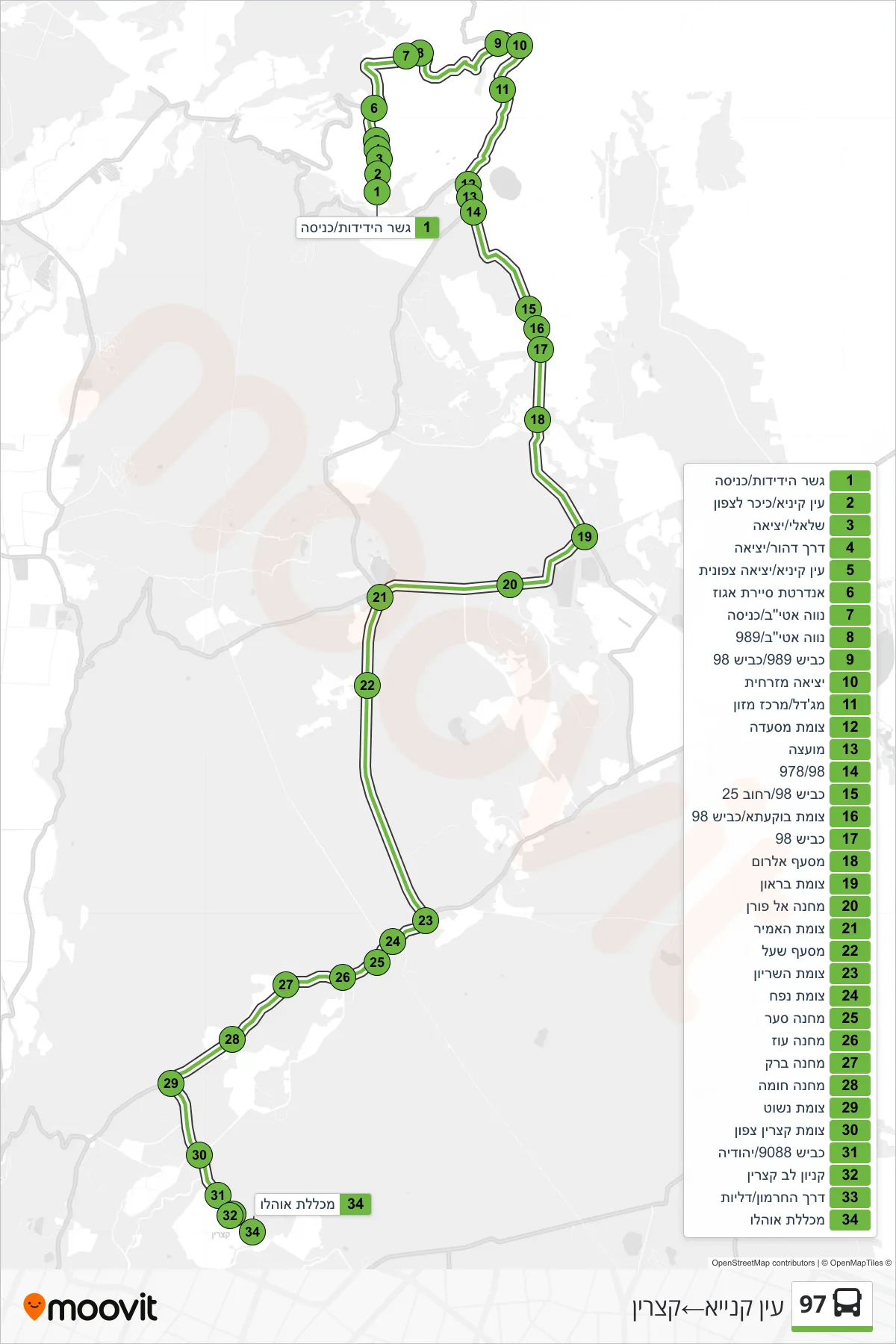 97  Line (Ein Qiniyye‎→Katzrin) route and stops on a map
