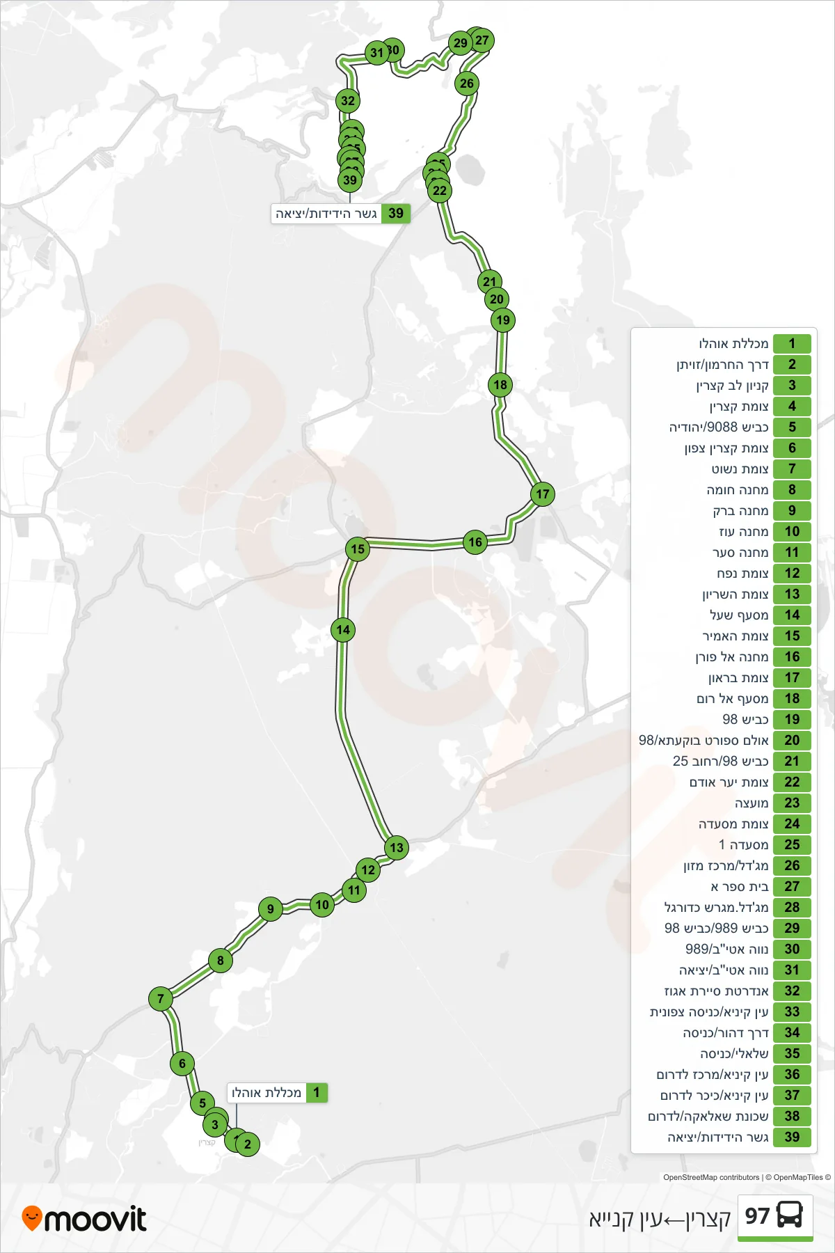 97 bus Line (Katzrin‎→Ein Qiniyye) route and stops on a map