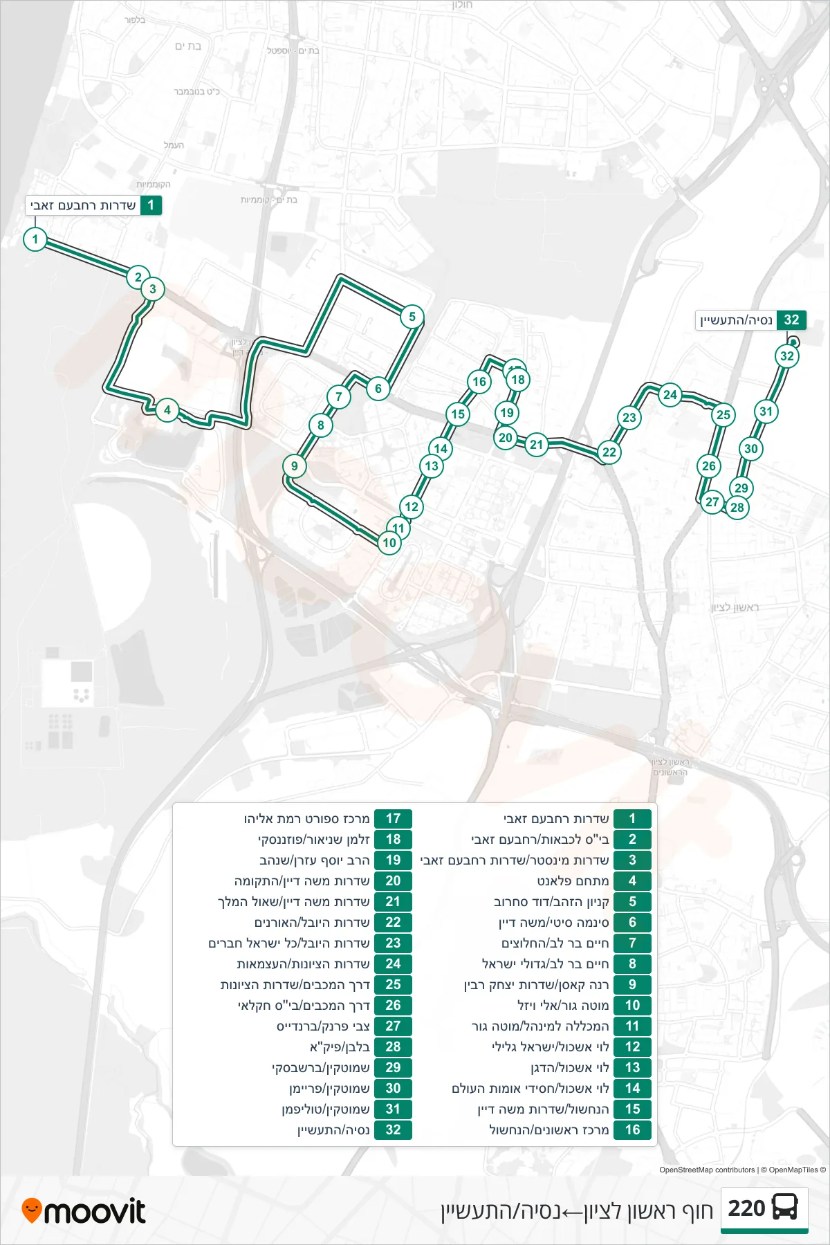 220 bus Line (Rishon LeZion Beach‎→Nasia/HaTaasyan) route and stops on a map