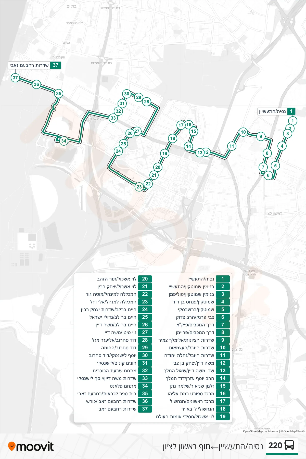 220 bus Line (Nasia/HaTaasyan‎→Rishon LeZion Beach) route and stops on a map