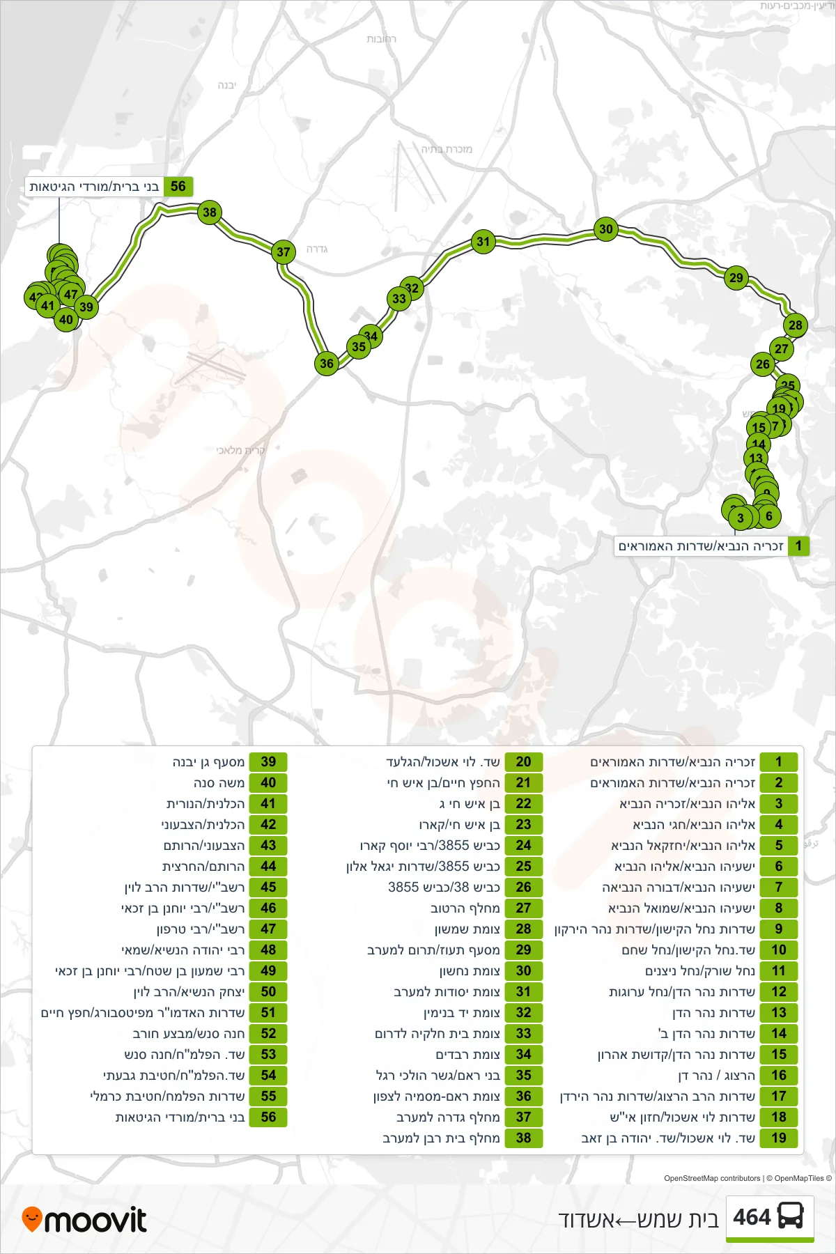 464 bus Line (Beit Shemesh‎→Ashdod) route and stops on a map