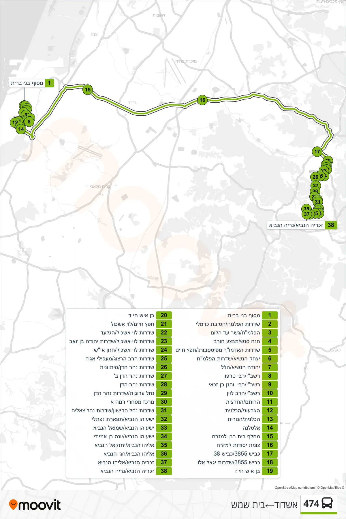 474 bus Line (Ashdod‎→Beit Shemesh) route and stops on a map