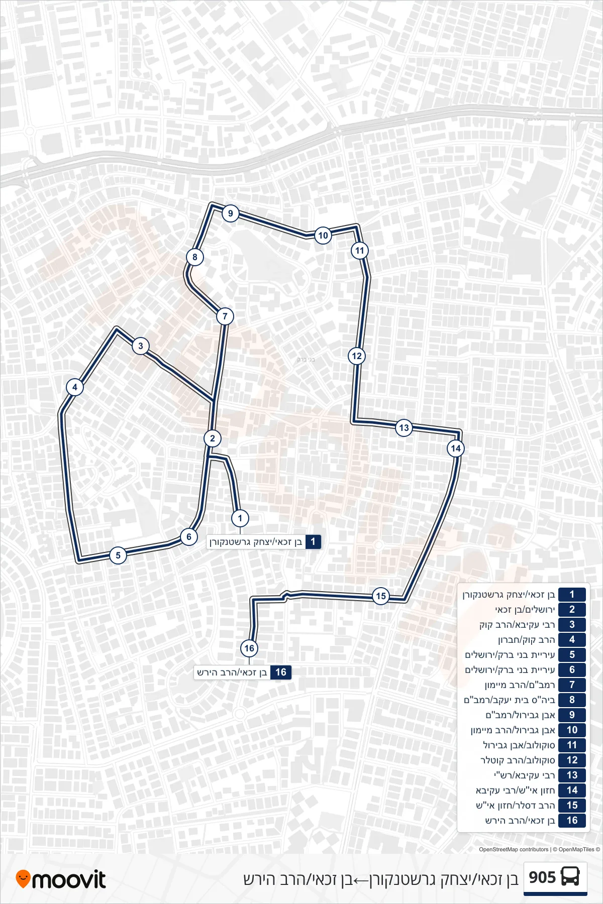 905 bus Line (Ben Zakai/Yitzhak Gershtenkorn‎→Ben Zakai/HaRav Hirsch) route and stops on a map