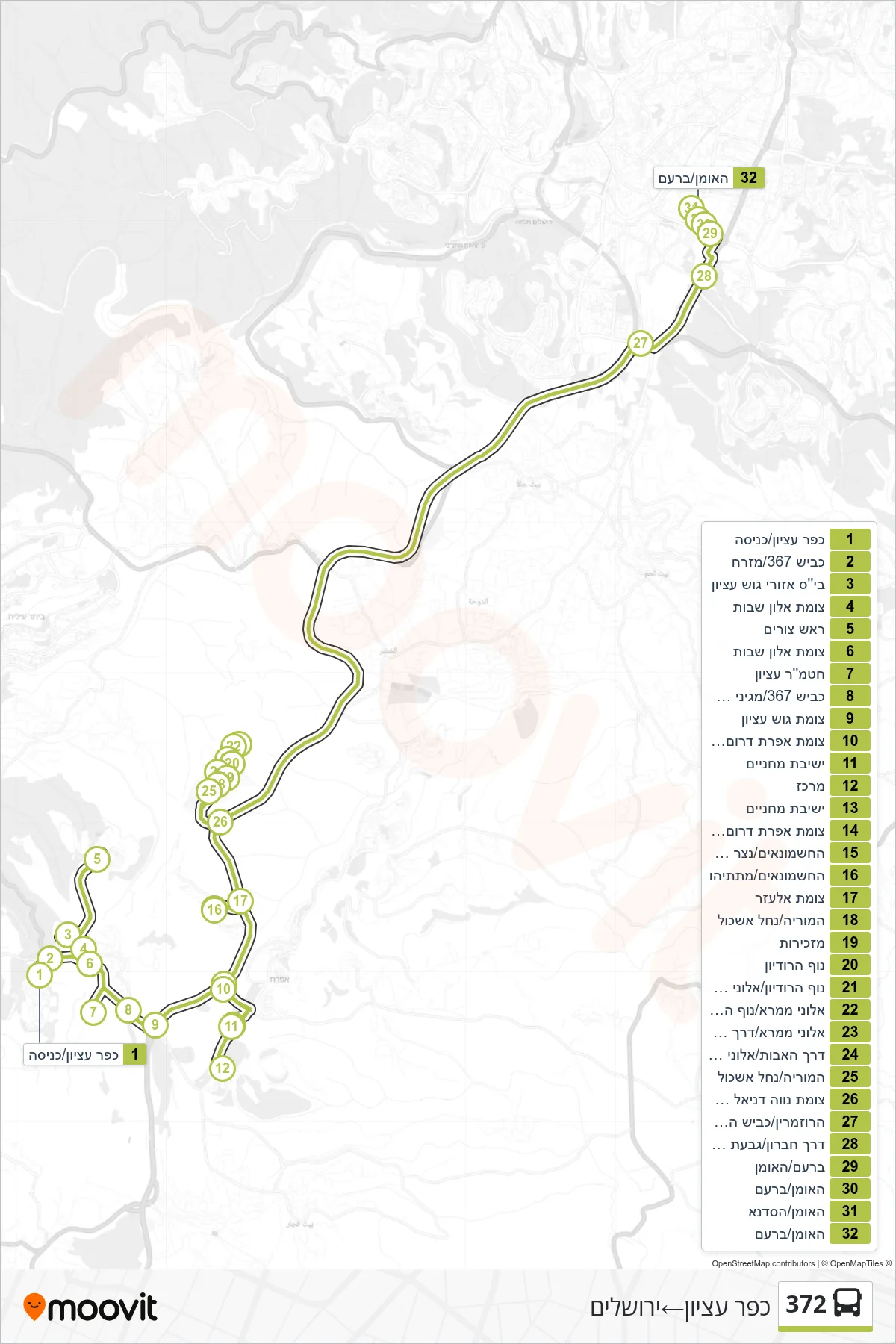 372 bus Line (Kfar Etzion‎→Jerusalem) route and stops on a map