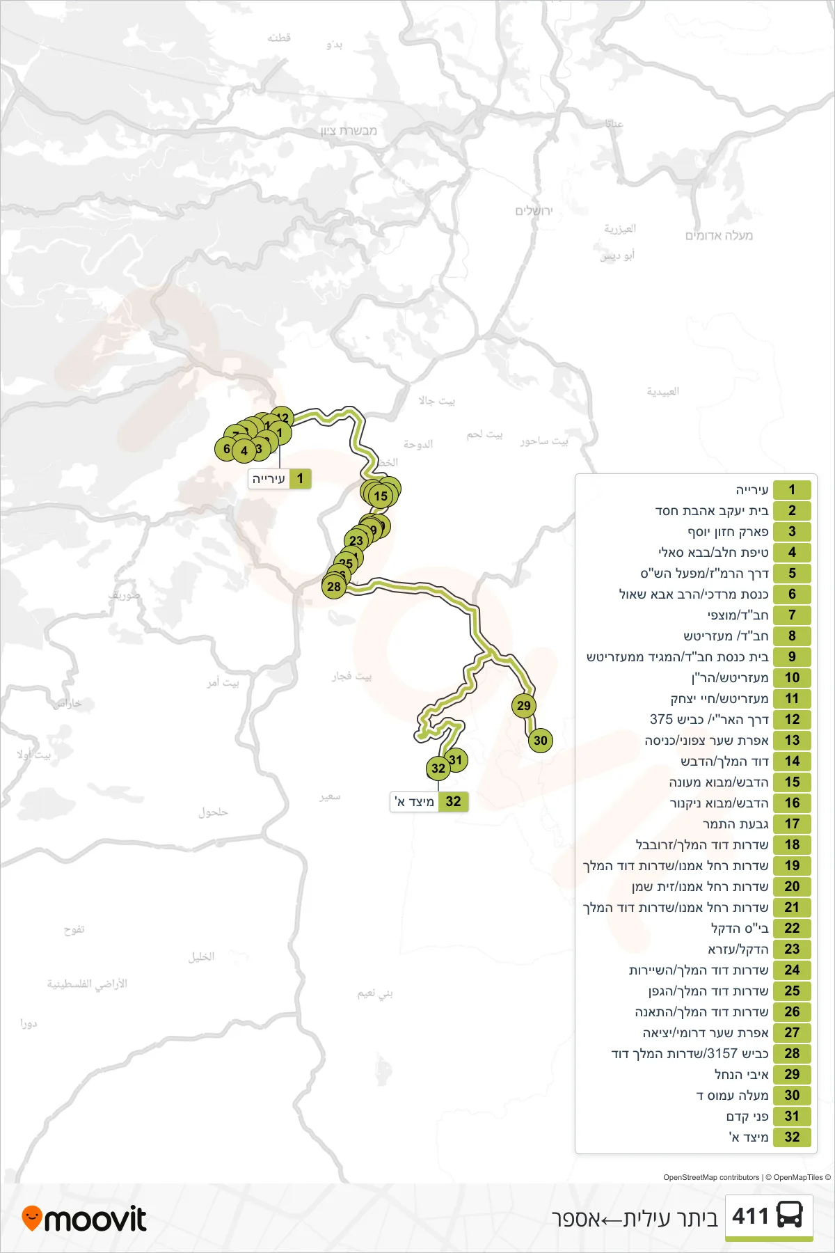 411 bus Line (Beitar Illit‎→Asfar) route and stops on a map