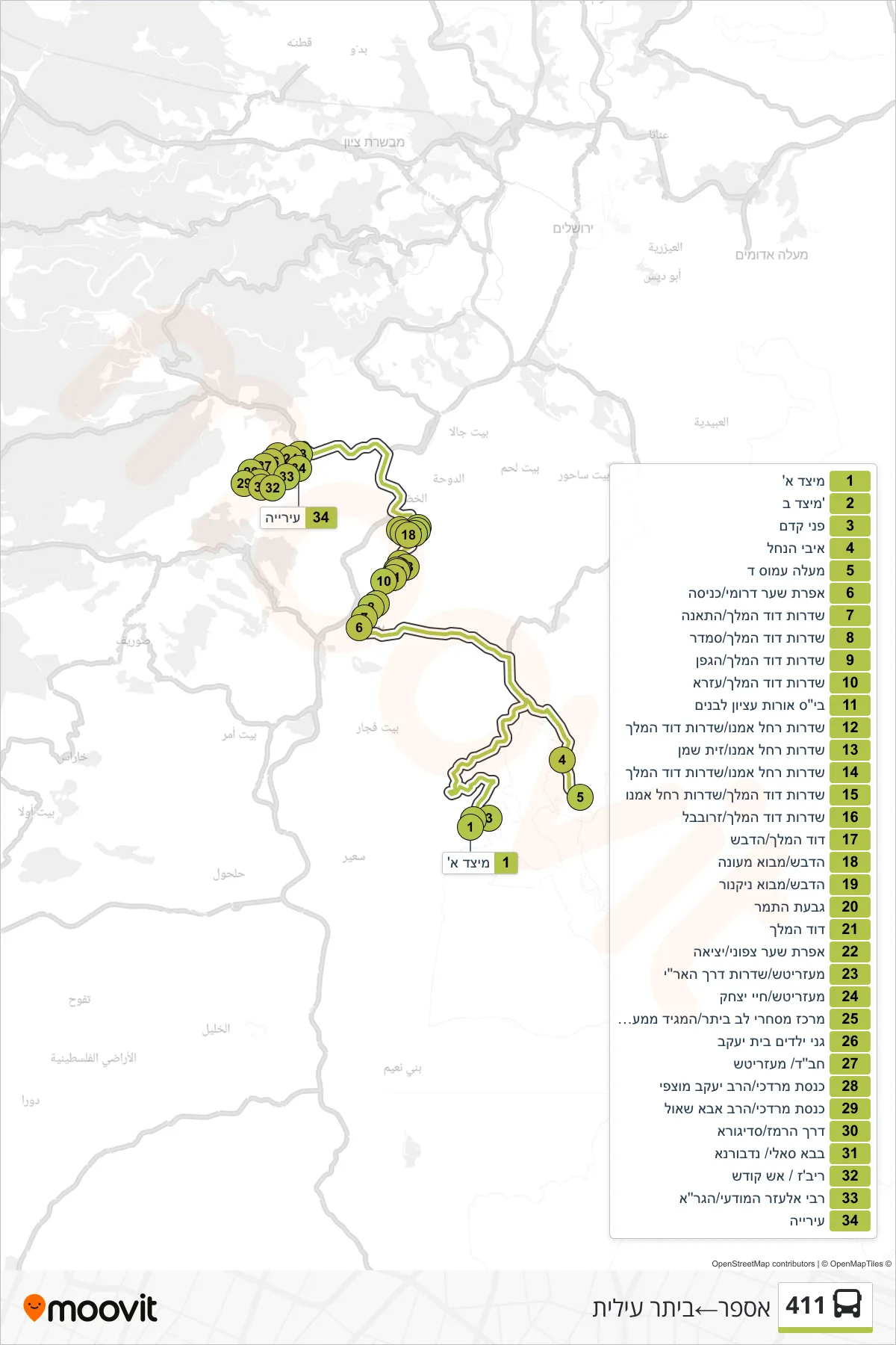 411 bus Line (Asfar‎→Beitar Illit) route and stops on a map