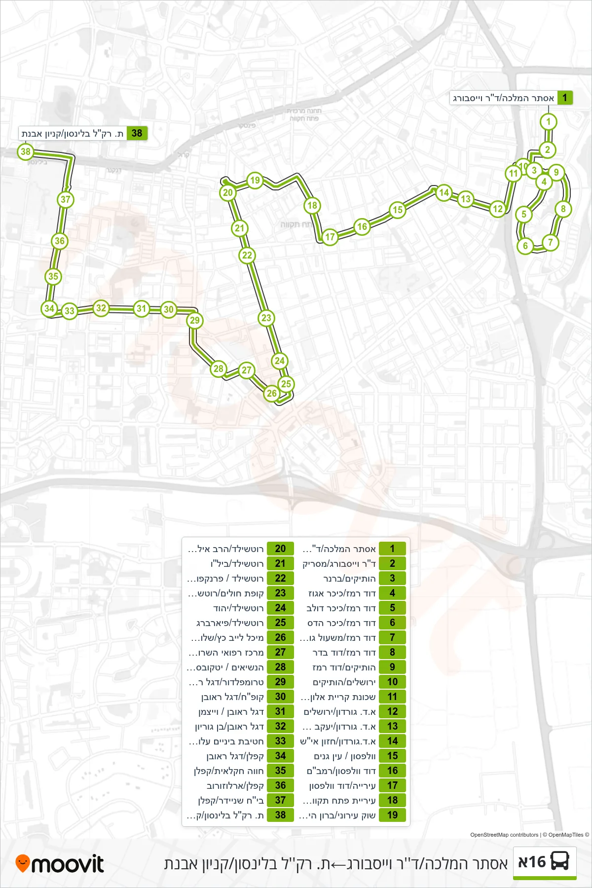16A bus Line (Esther HaMalka/Dr. Weisburg‎→Beilinson Light Rail Station/Avnet Mall) route and stops on a map