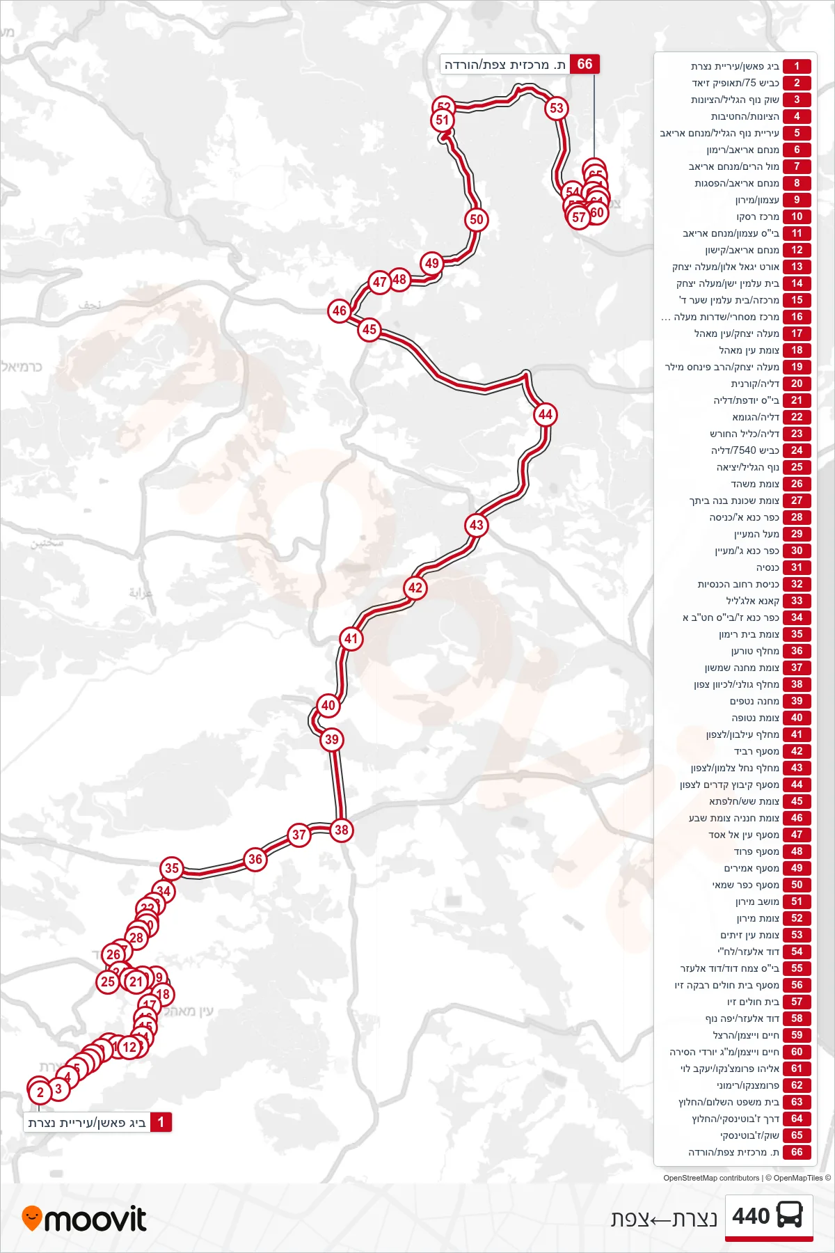 440  Line (Nazareth‎→Safed) route and stops on a map