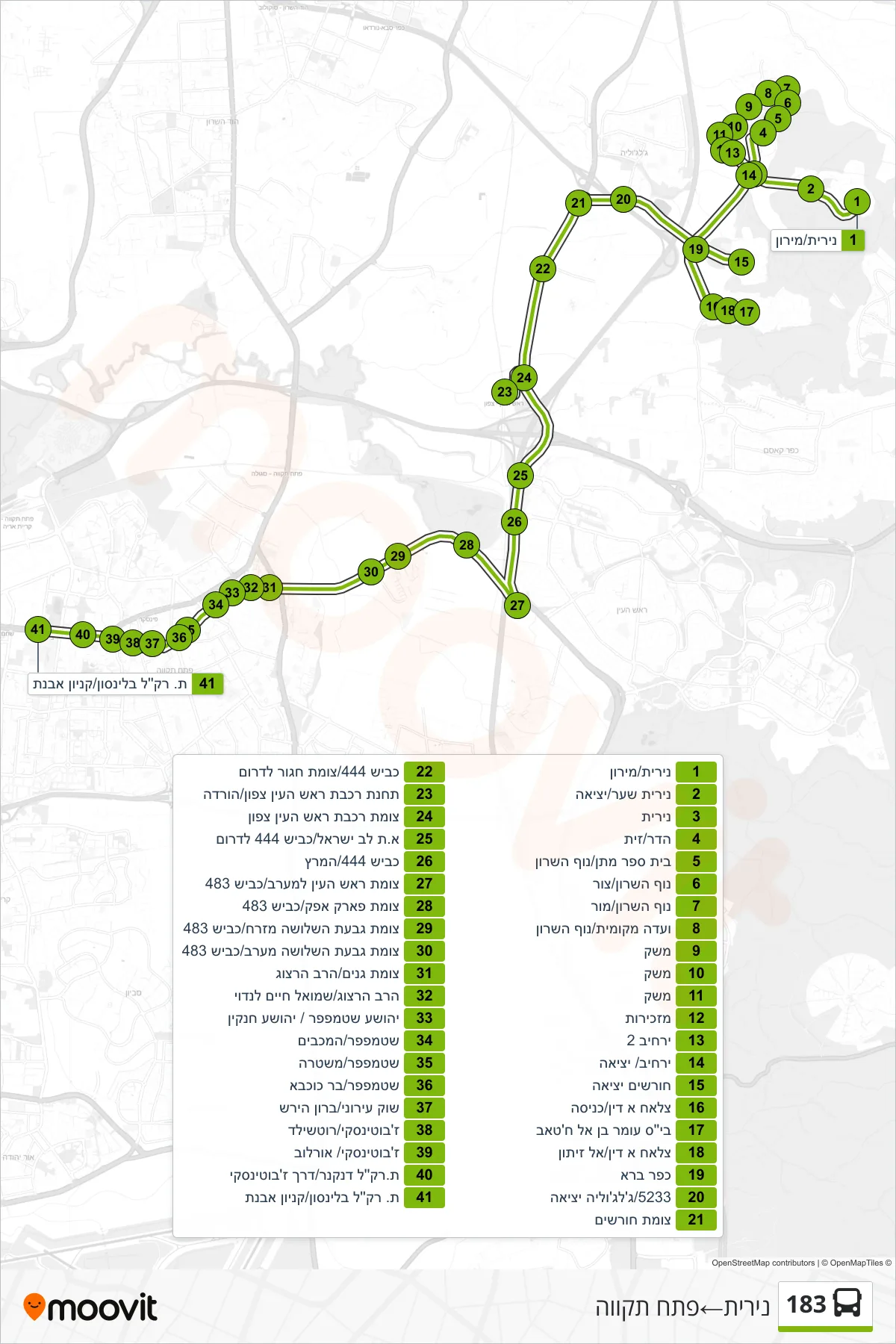 183  Line (Nirit‎→Petah Tikva) route and stops on a map