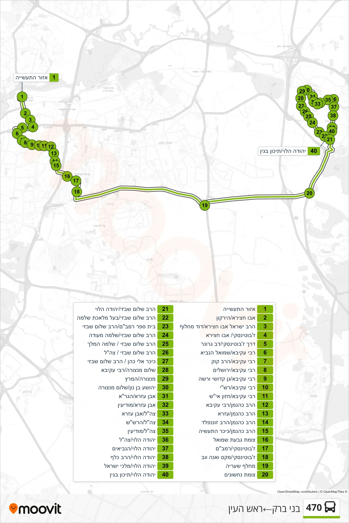 470 bus Line (Bnei Brak→Rosh HaAyin) route and stops on a map