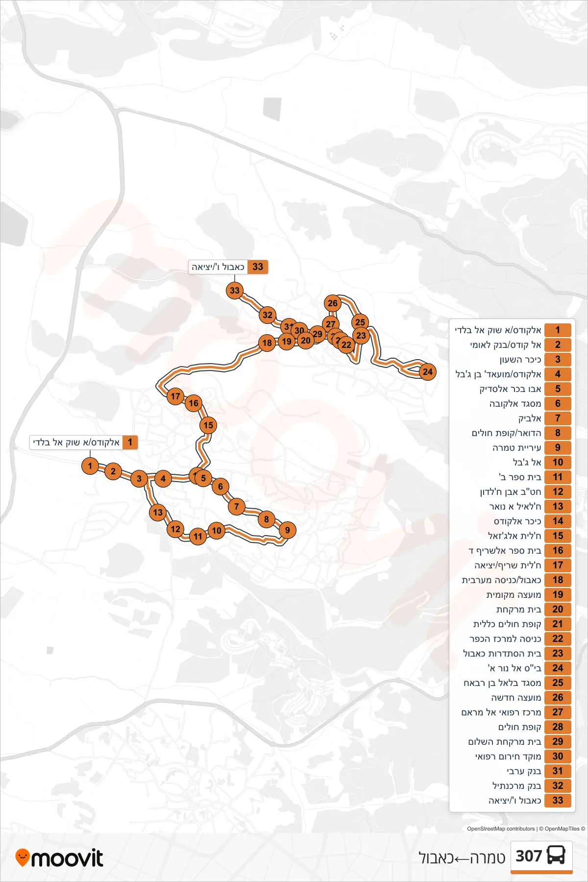 307 bus Line (Tamra‎→Kabul) route and stops on a map