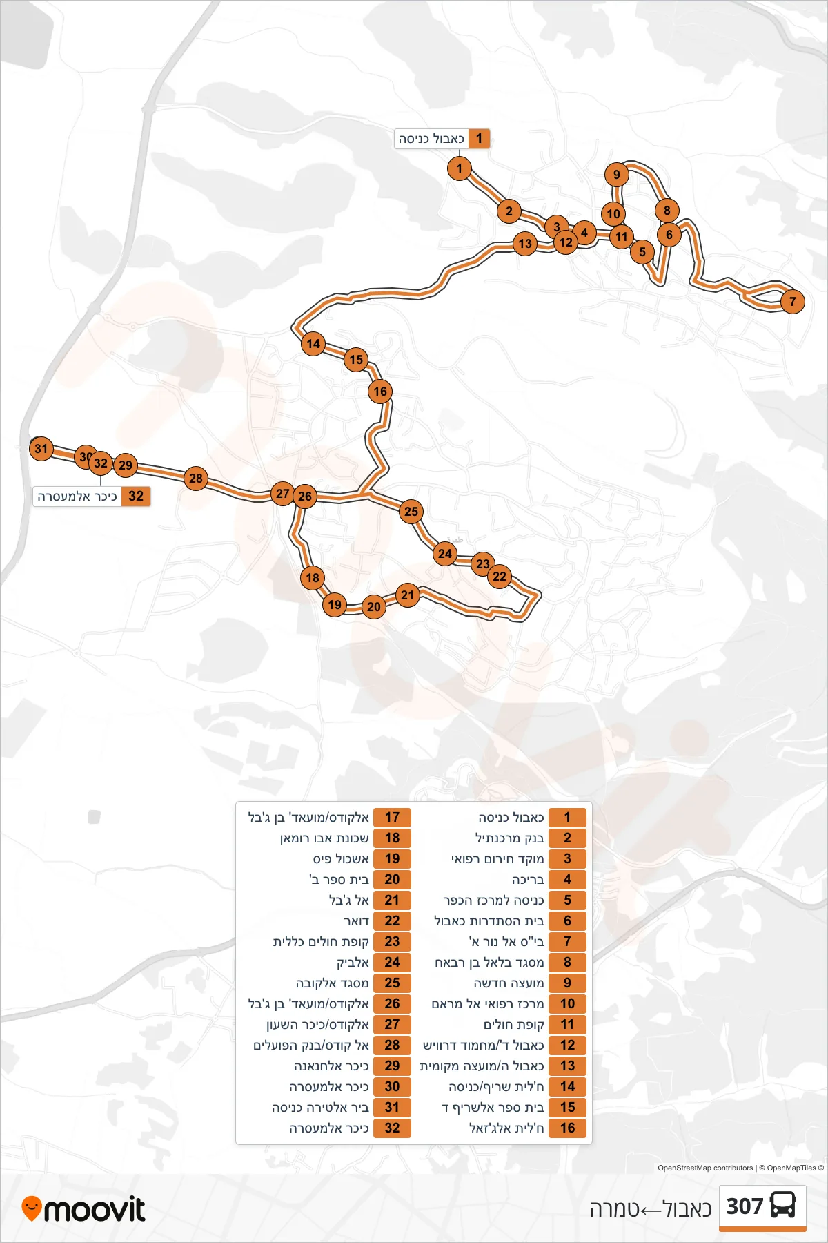 307 bus Line (Kabul→Tamra) route and stops on a map