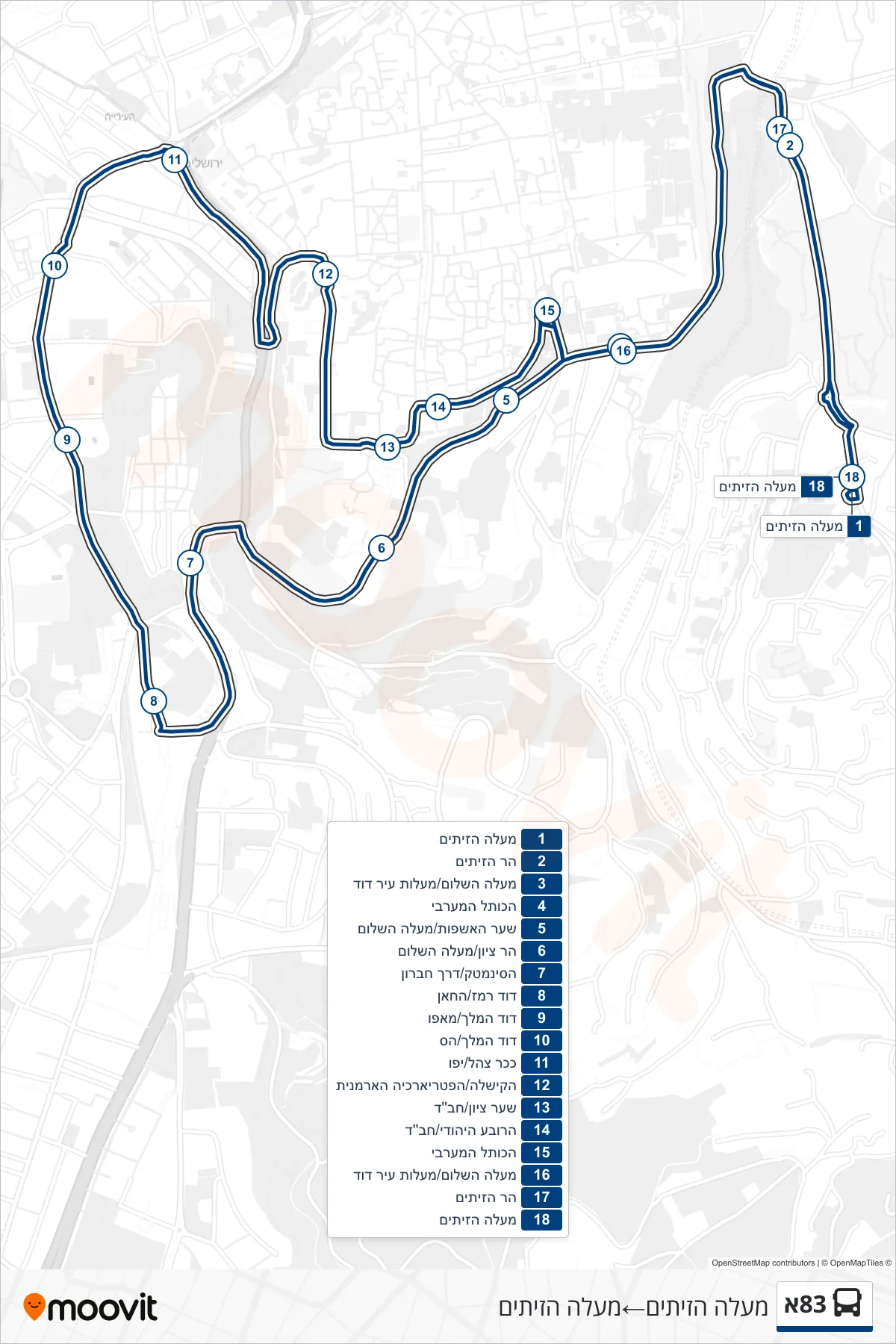 83A bus Line (Ma'ale HaZeitim‎→Ma'ale HaZeitim) route and stops on a map