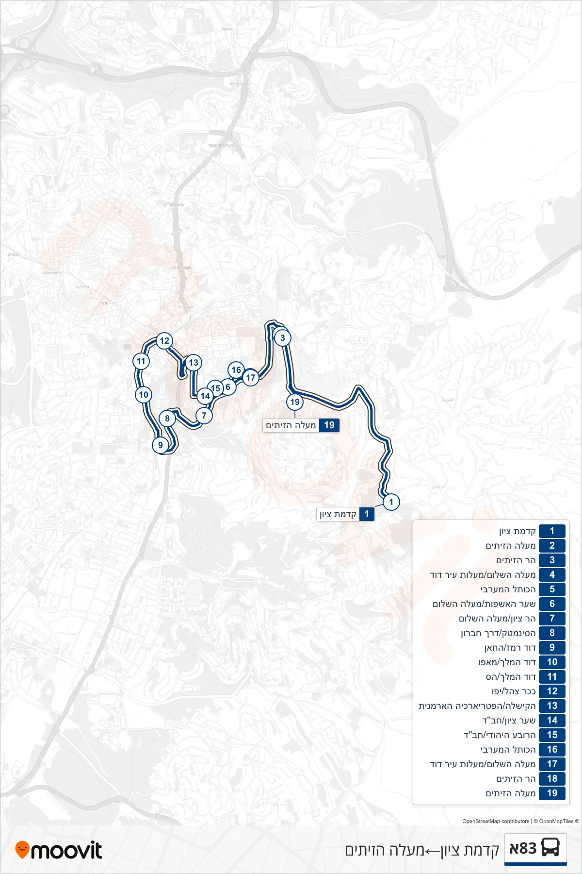 83A bus Line (Kidmat Zion→Ma'ale HaZeitim) route and stops on a map