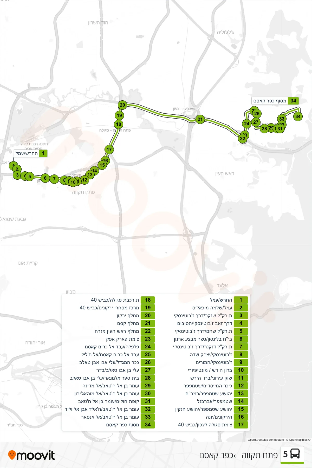 5 bus Line (Petah Tikva‎→Kafr Qasim) route and stops on a map