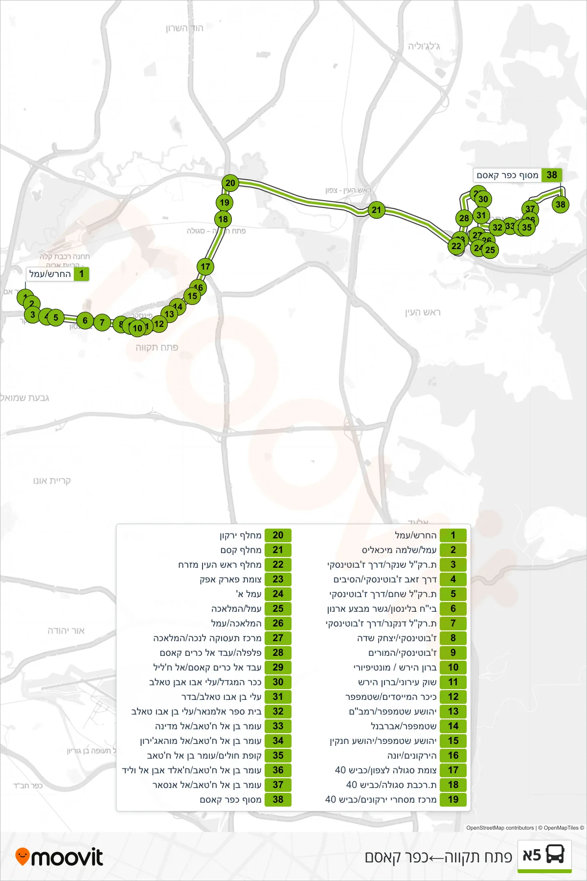 5A  Line (Petah Tikva‎→Kafr Qasim) route and stops on a map